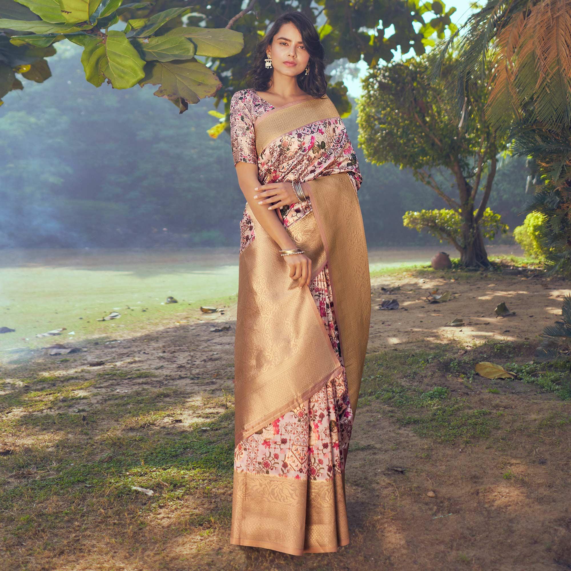 Multicolored Festive Wear Floral Digital Printed Woven Silk Saree - Peachmode