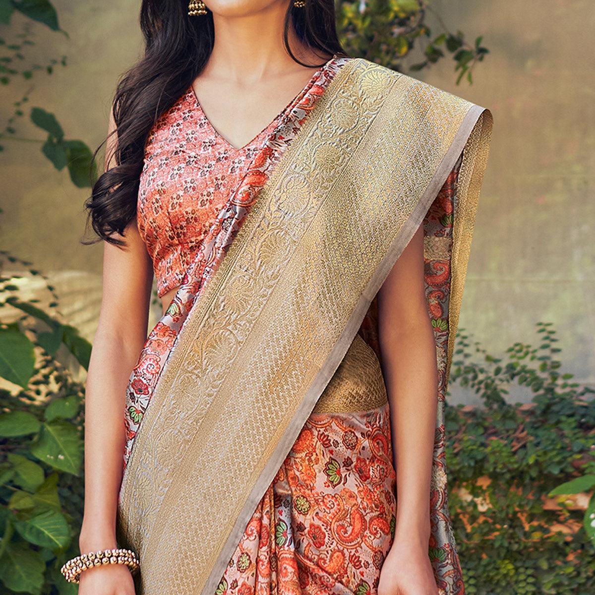 Multicolored Festive Wear Floral Digital Printed Woven Silk Saree - Peachmode