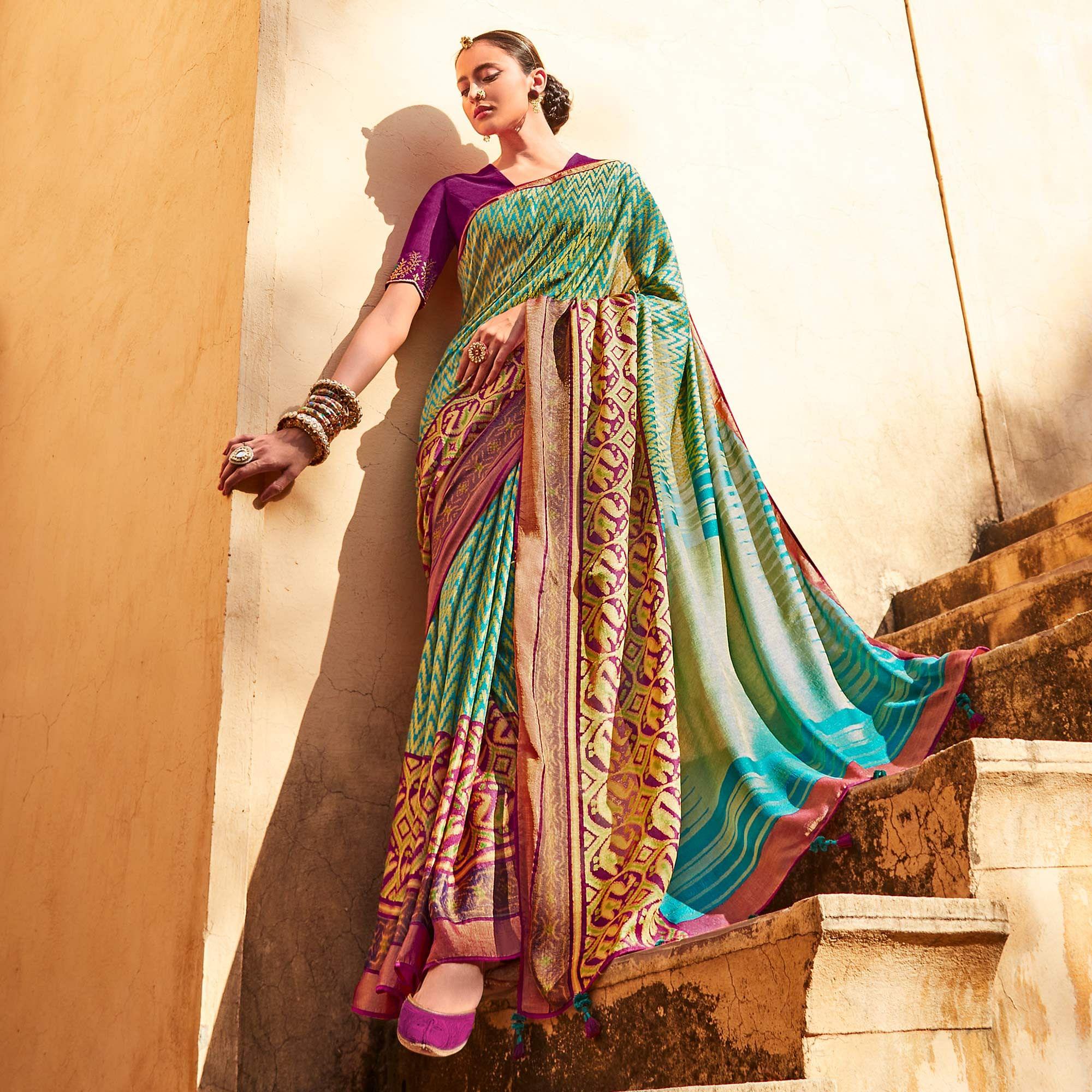 Multicolored Festive Wear Printed Silk Saree - Peachmode