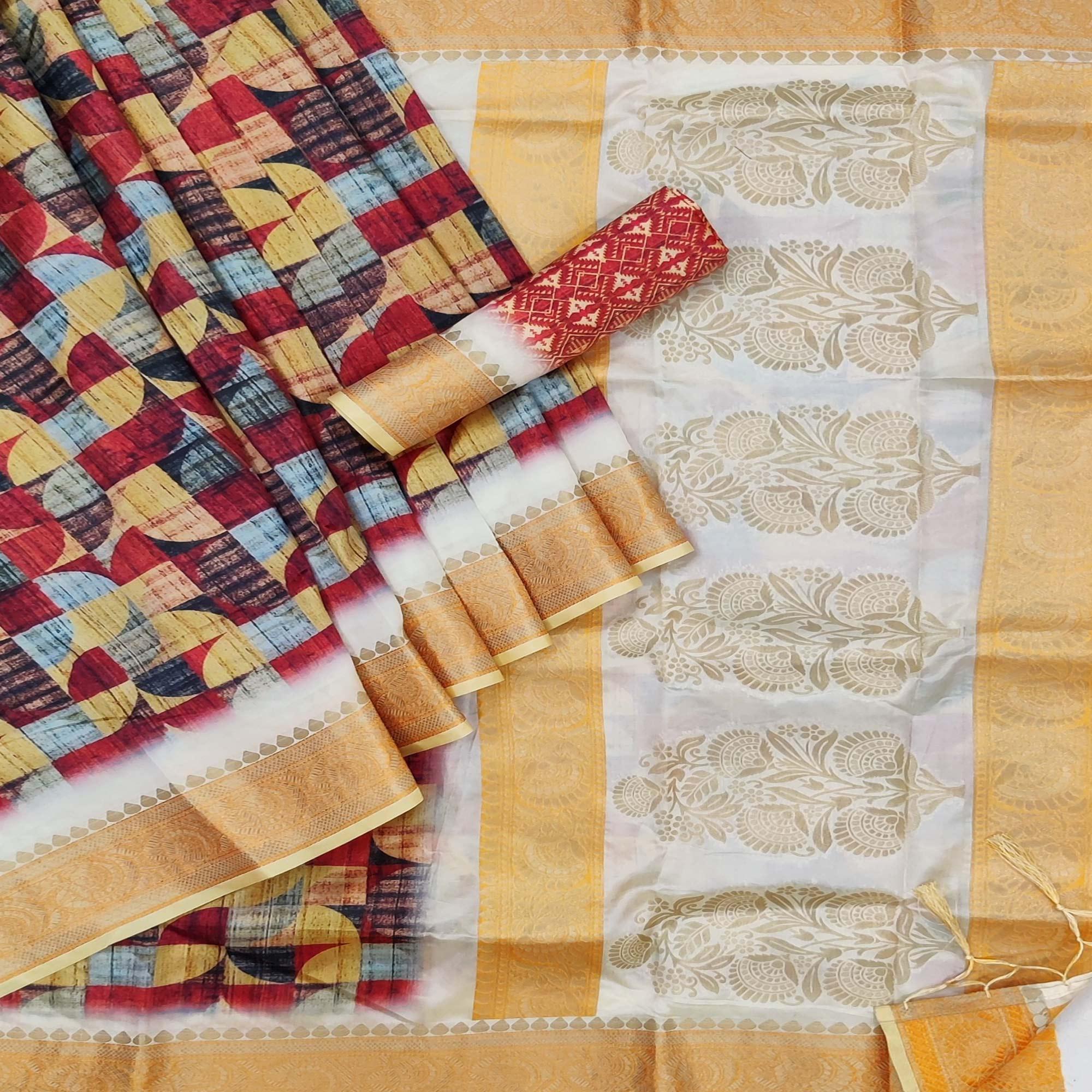 Multicolored Festive Wear Woven With Digital Printed Silk Saree - Peachmode