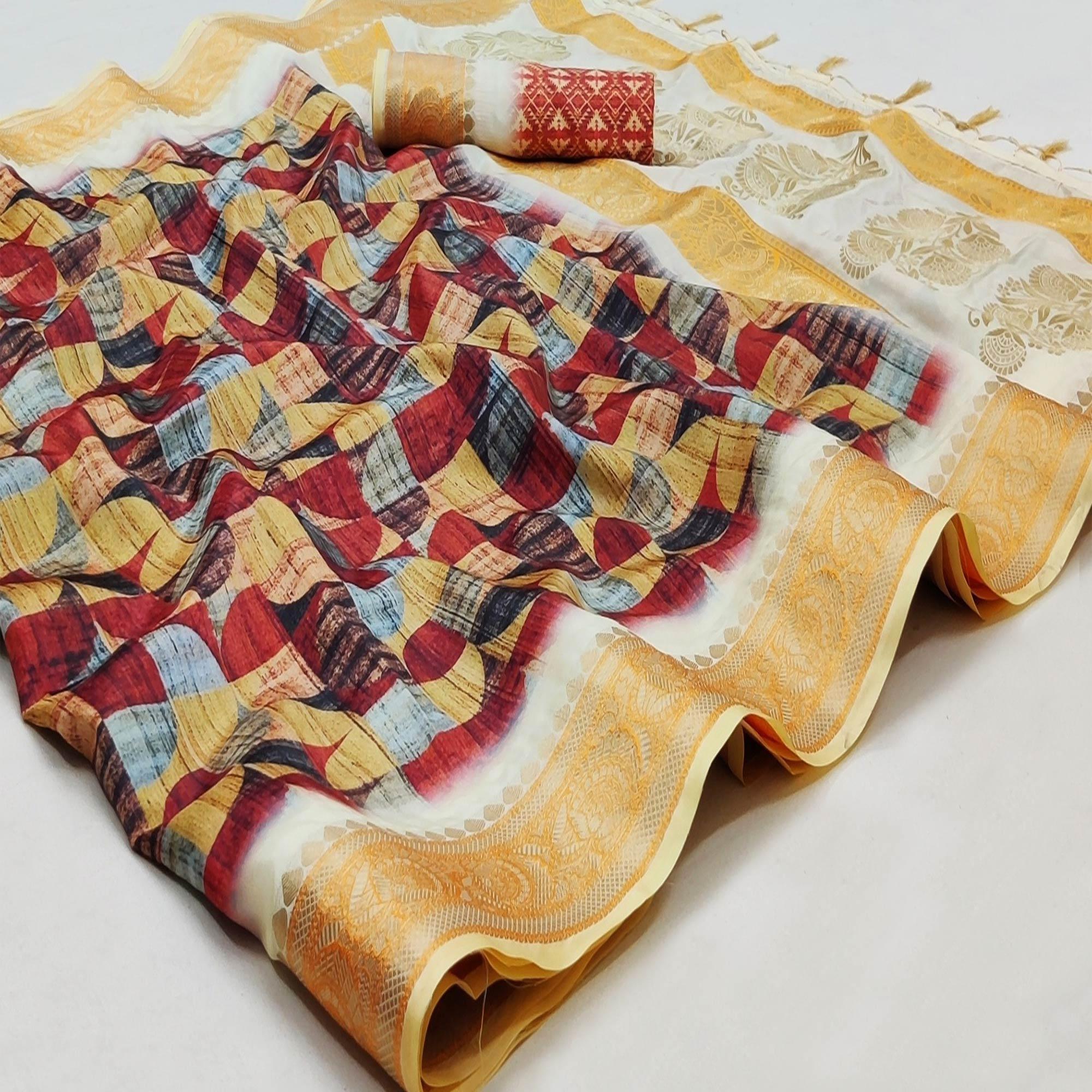 Multicolored Festive Wear Woven With Digital Printed Silk Saree - Peachmode