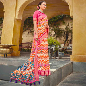 Multicolored Floral Printed Linen Saree - Peachmode
