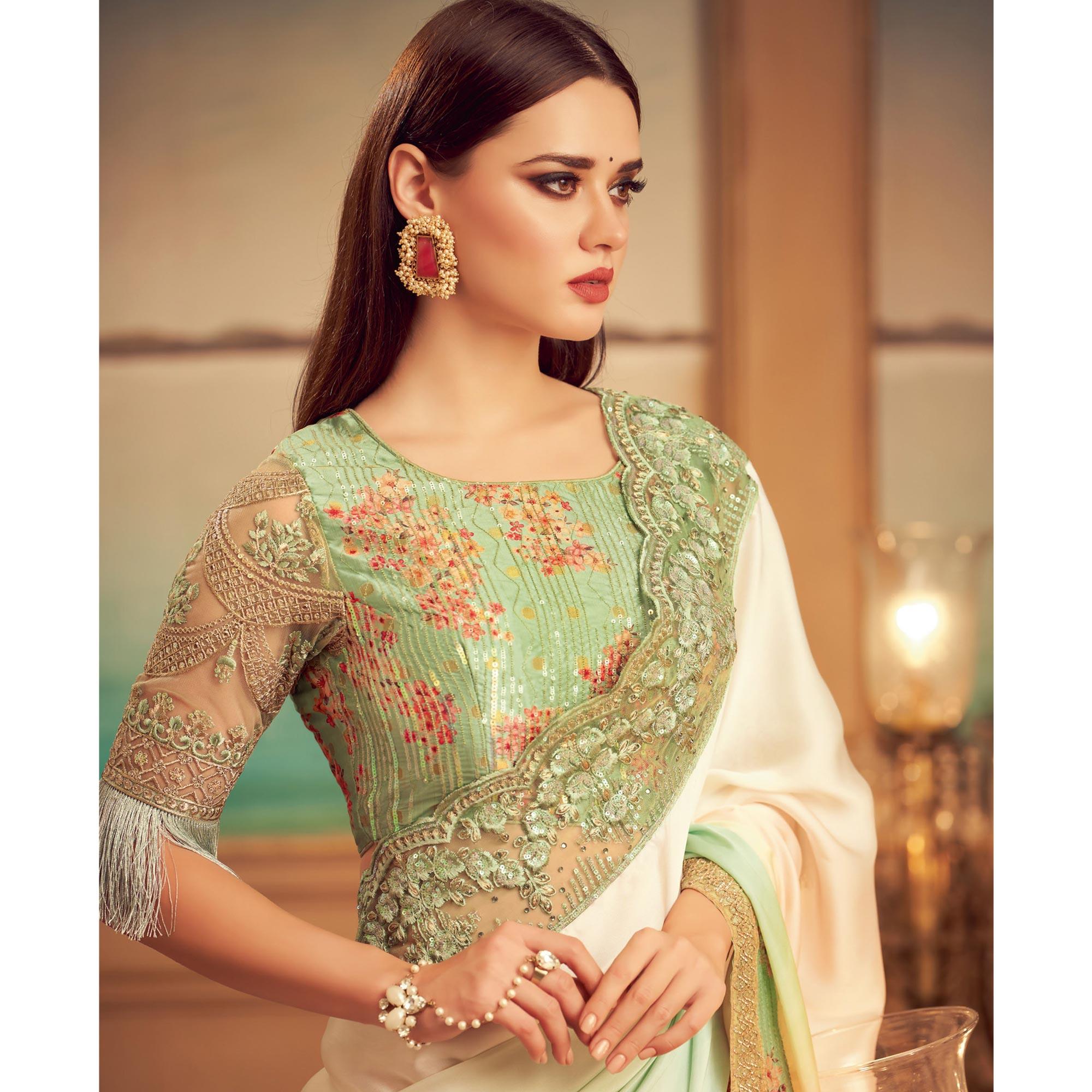 Multicolored  Floral Sequence Embroidered Art Silk Saree - Peachmode