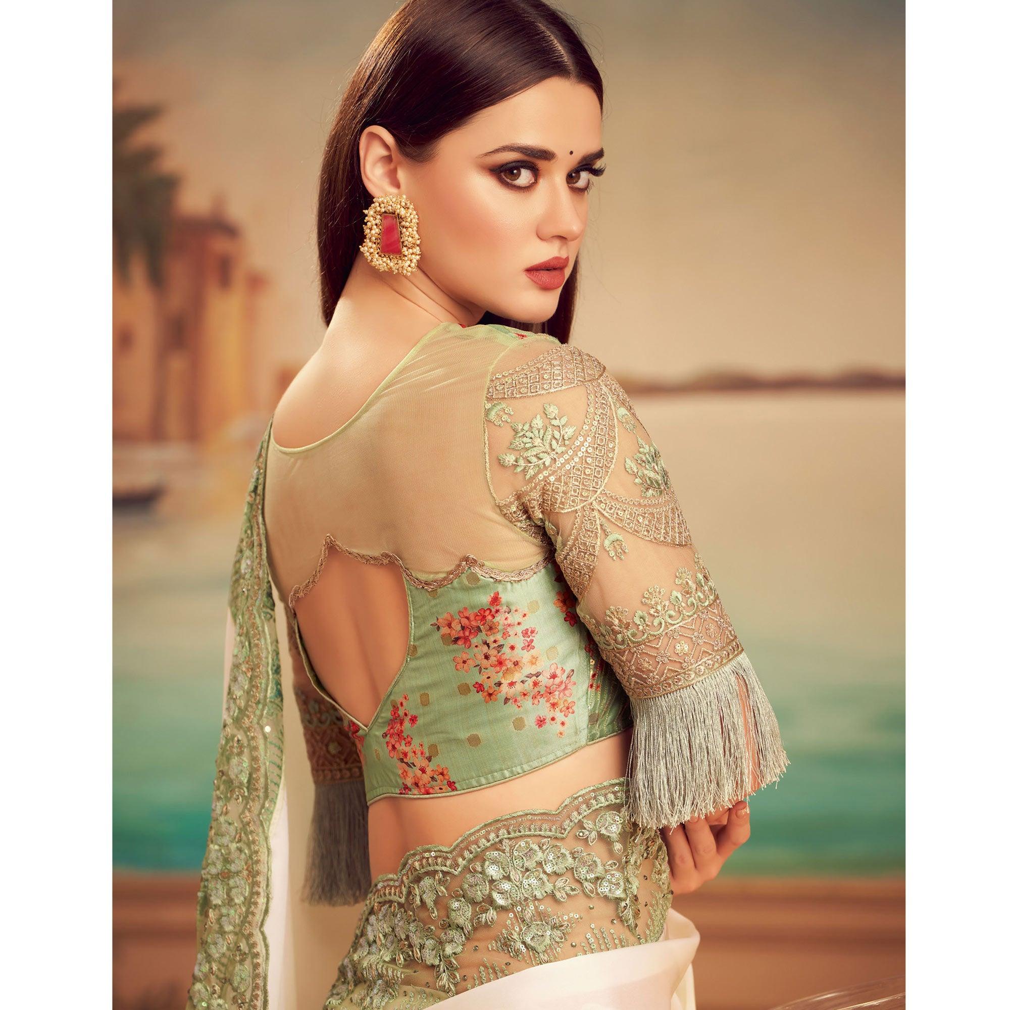 Multicolored  Floral Sequence Embroidered Art Silk Saree - Peachmode