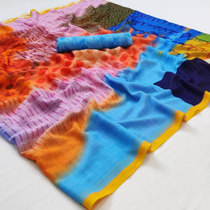 Multicolored Geometric Digital Printed Georgette Saree - Peachmode