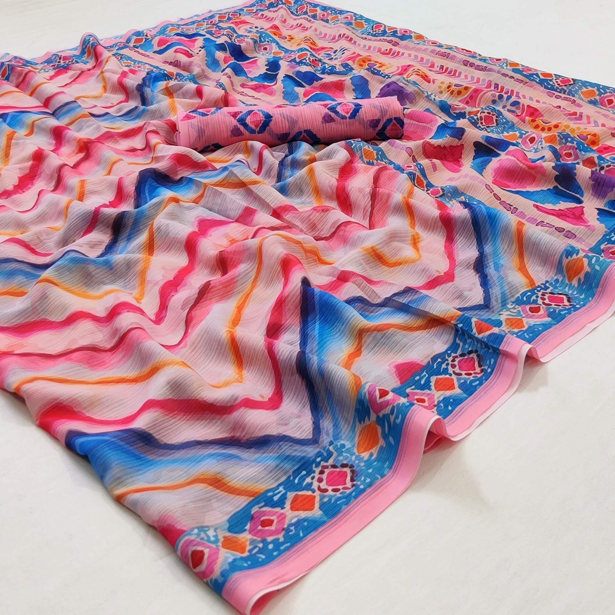 Multicolored Geometric Digital Printed Georgette Saree - Peachmode