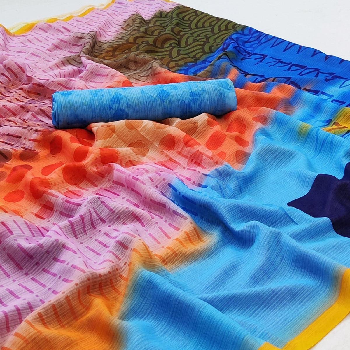 Multicolored Geometric Digital Printed Georgette Saree - Peachmode