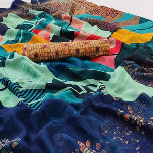 Multicolored Geometric Digital Printed Georgette Saree - Peachmode