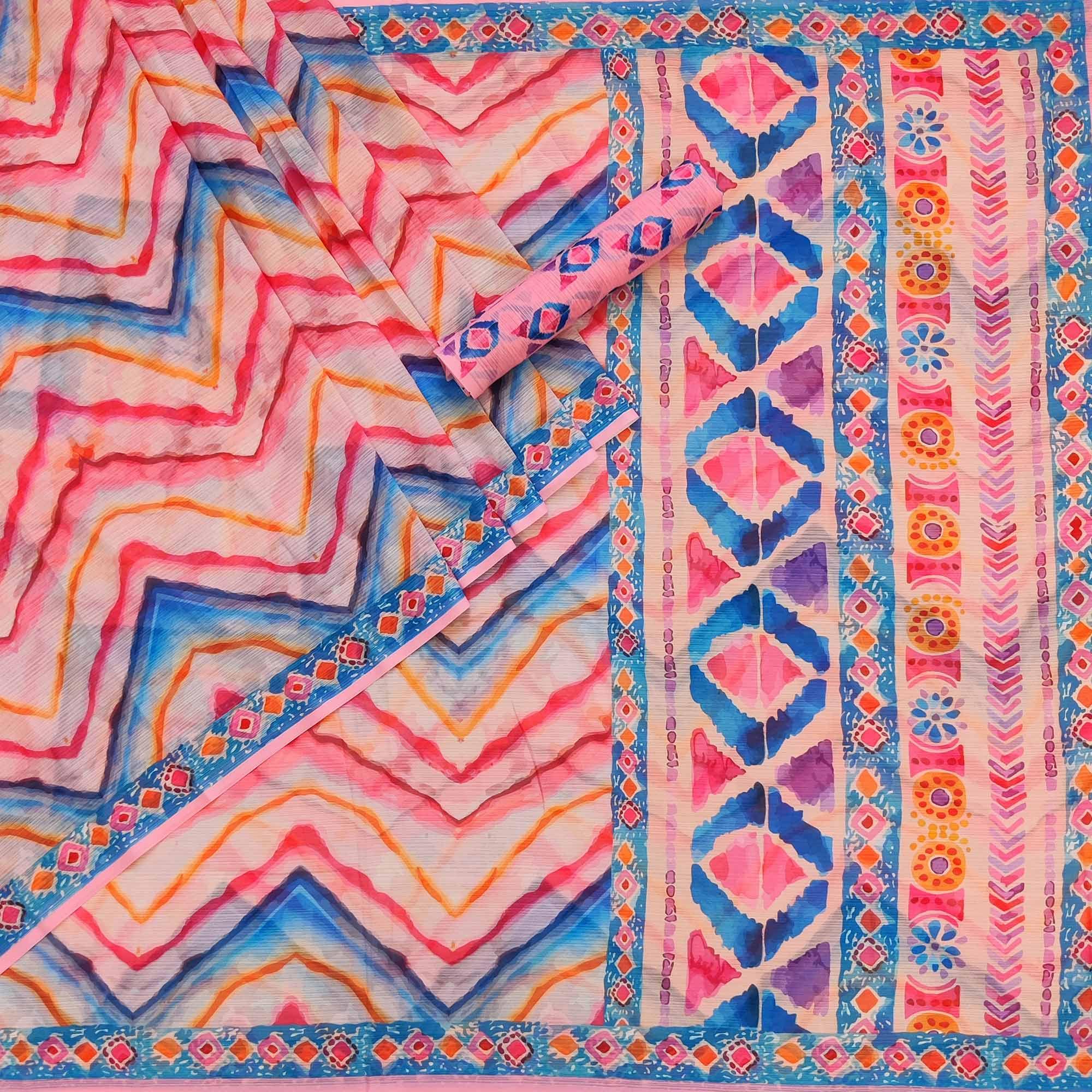 Multicolored Geometric Digital Printed Georgette Saree - Peachmode