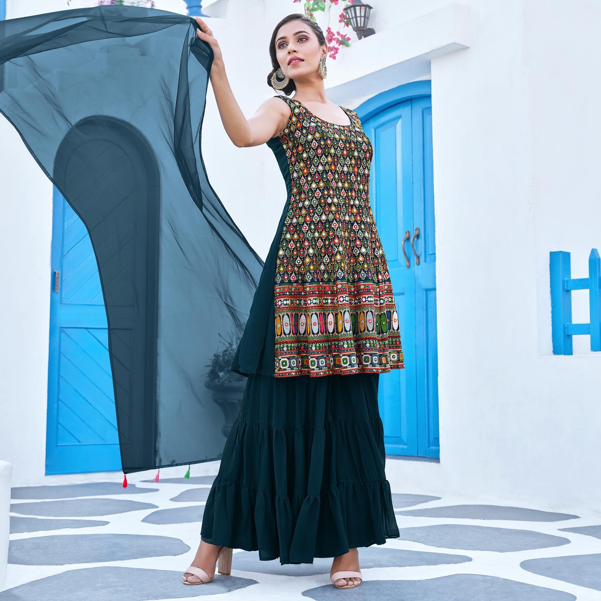 Multicolored Partywear Designer Embroidery Georgette Sharara Suit - Peachmode