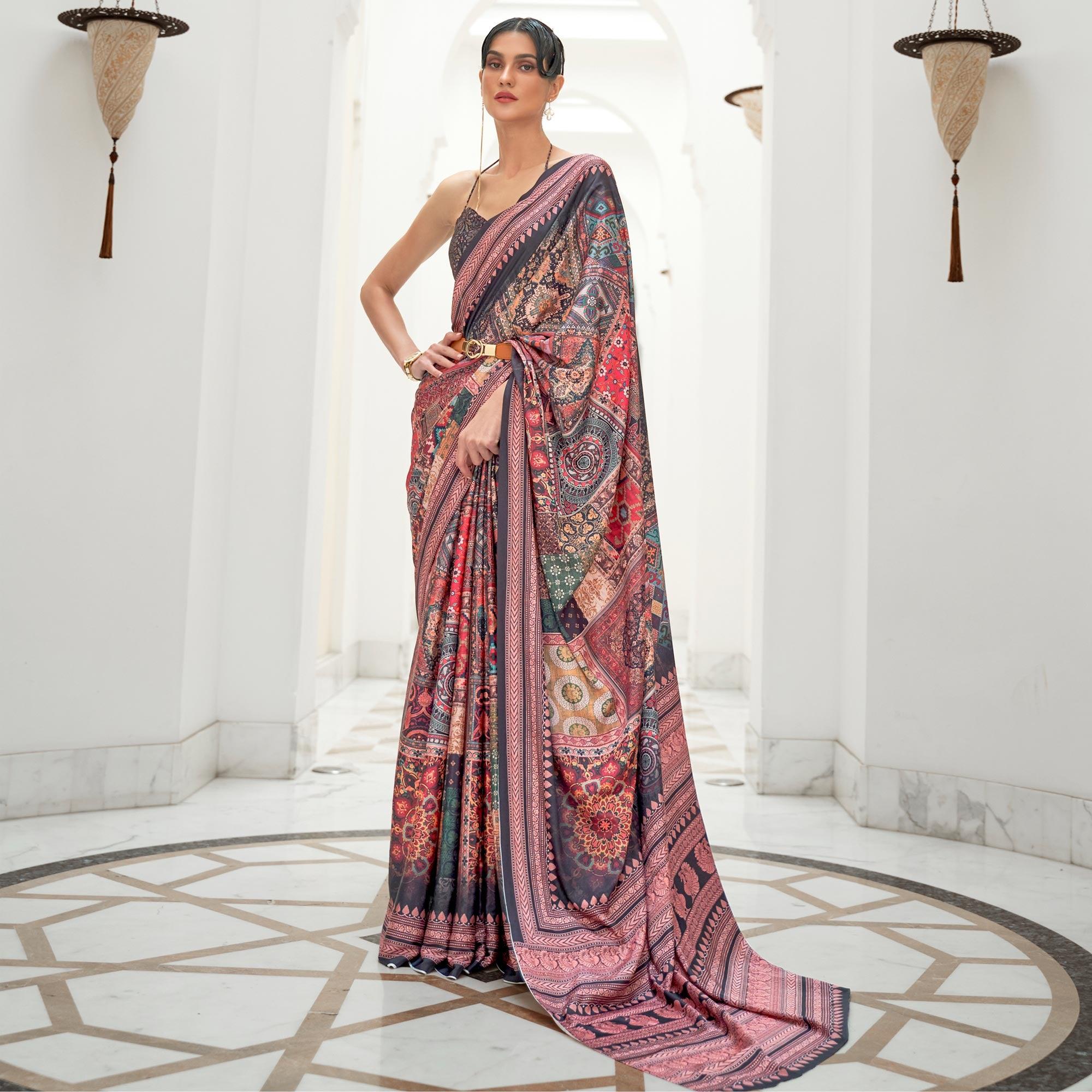 Multicolored Partywear Digital Printed Silk Saree - Peachmode