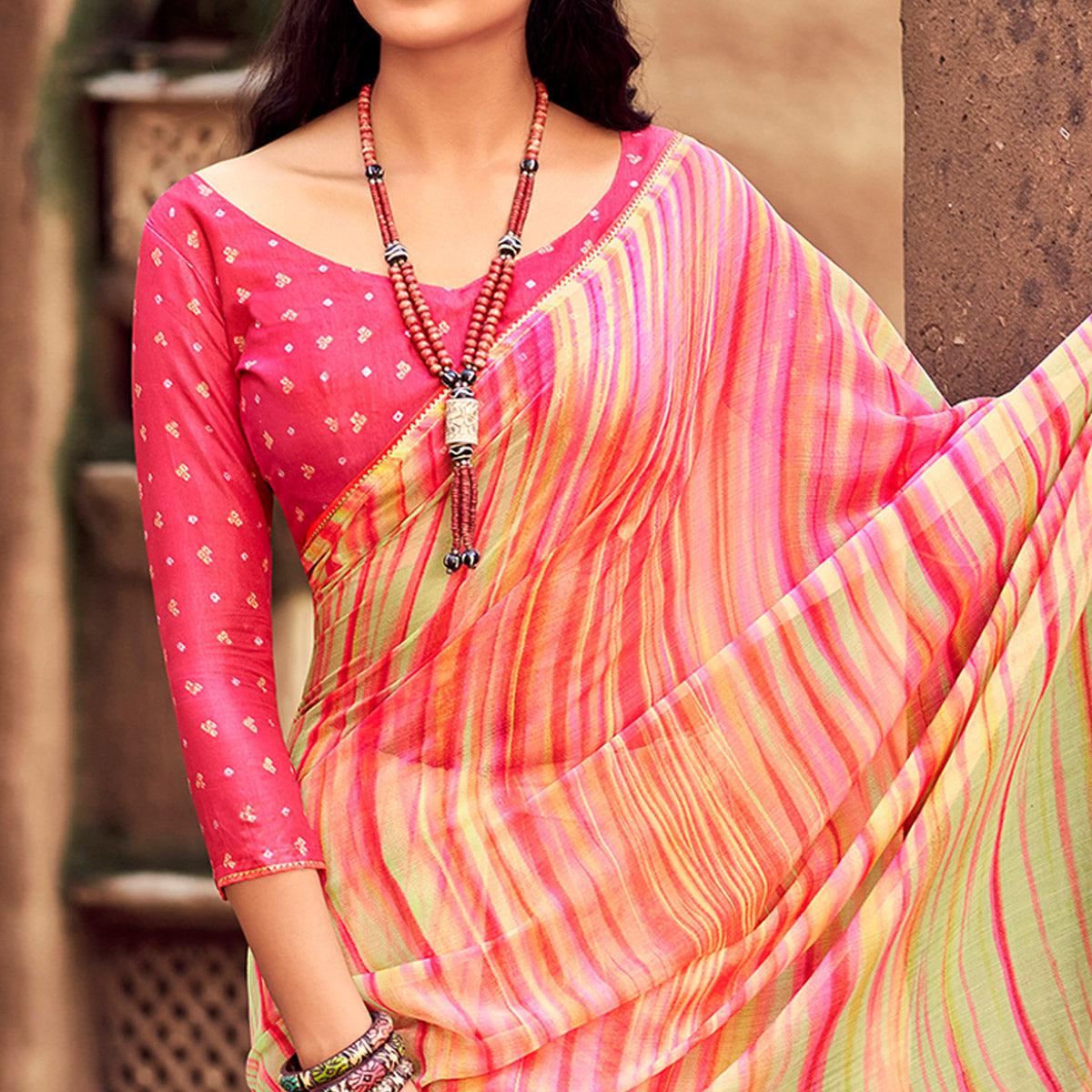 Multicolored Printed With Gota Patti Border Chiffon Saree - Peachmode