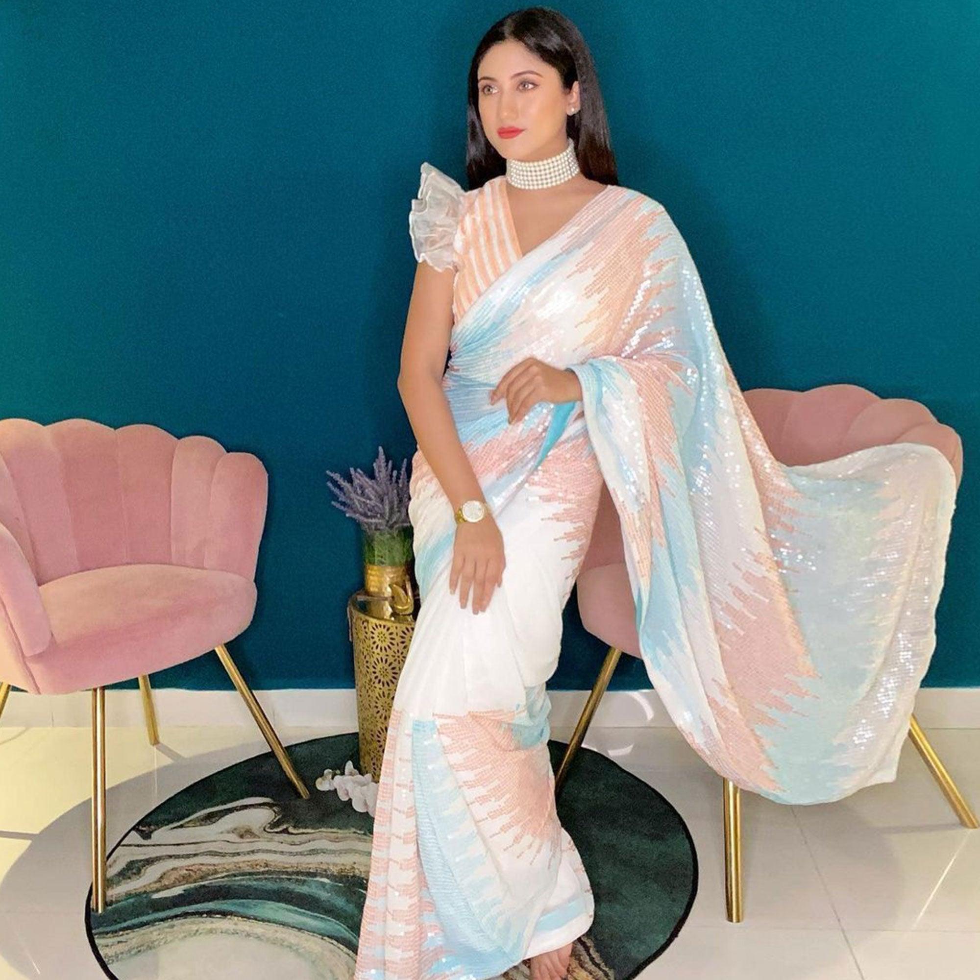 Multicolored Sequence Embroidered Georgette Saree - Peachmode