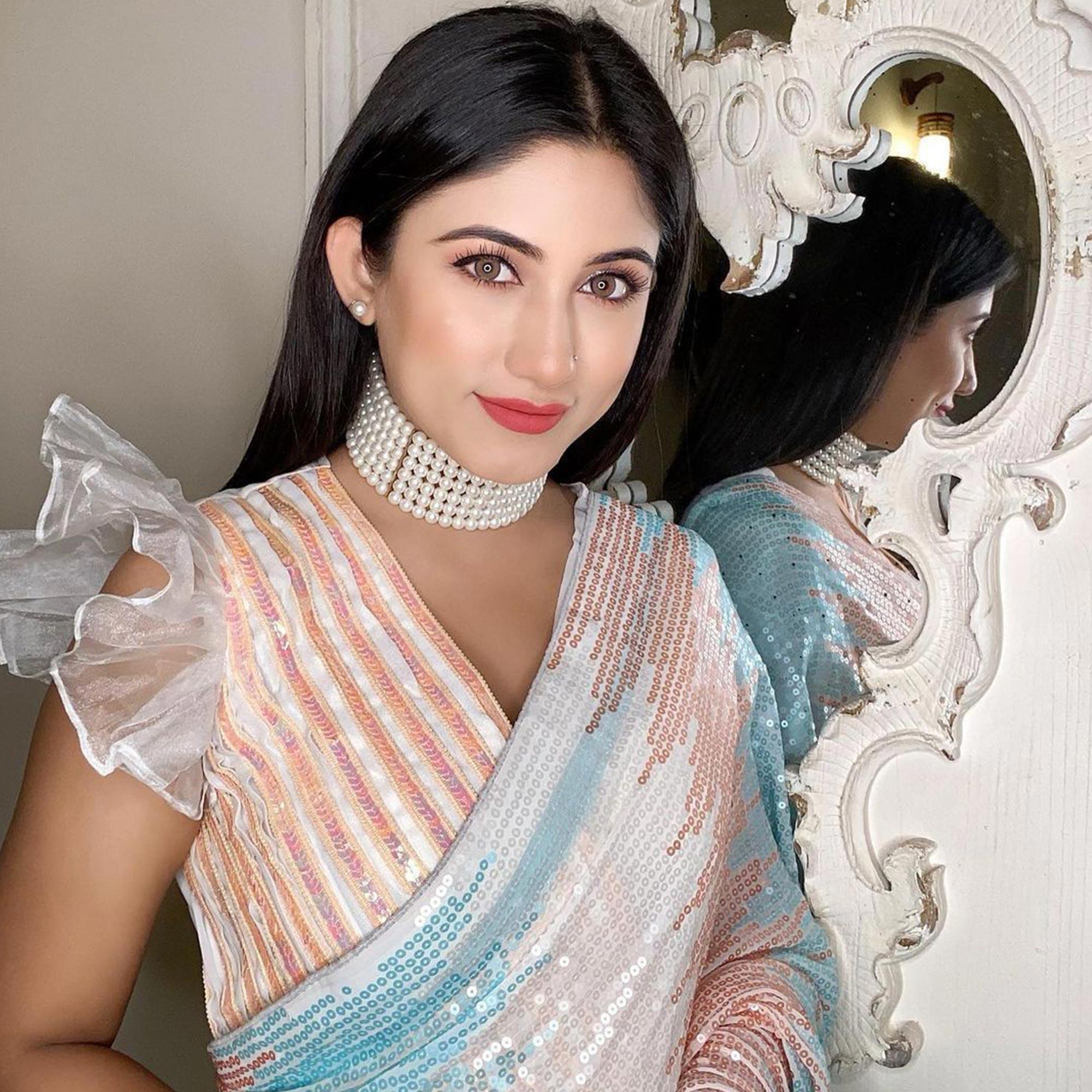 Multicolored Sequence Embroidered Georgette Saree - Peachmode