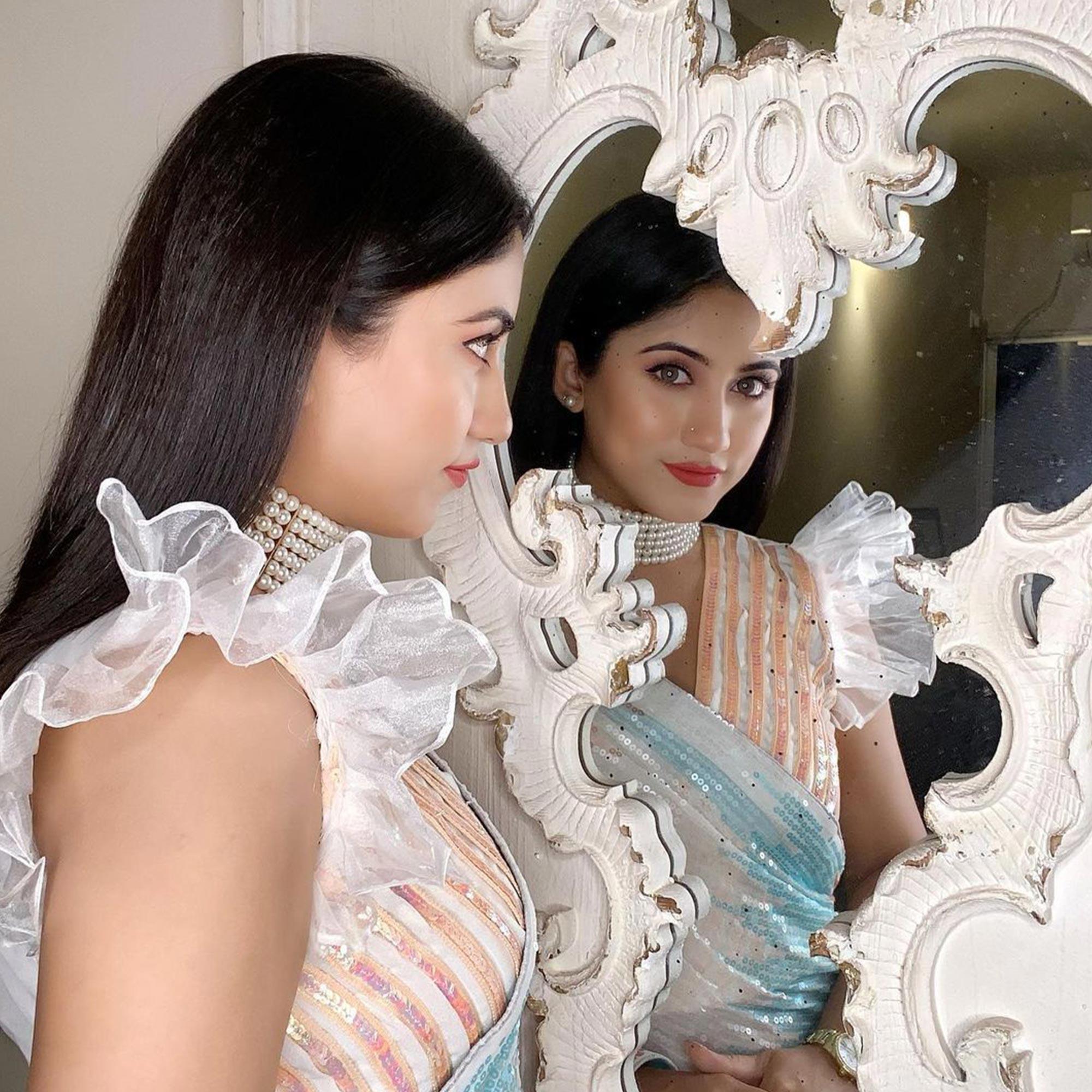 Multicolored Sequence Embroidered Georgette Saree - Peachmode