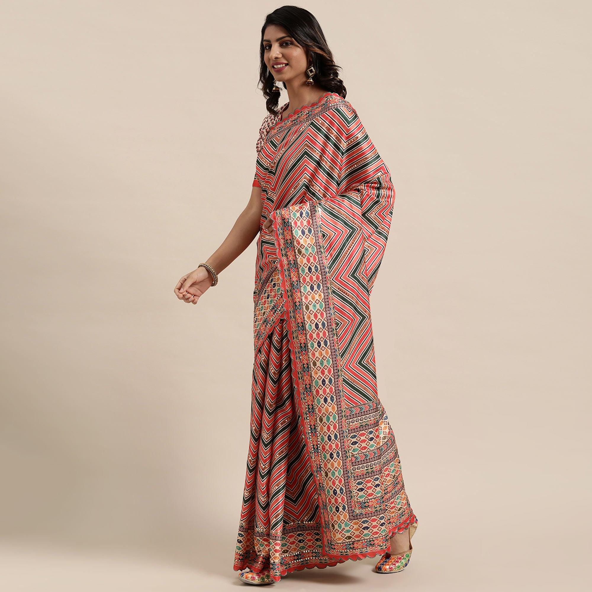 Multicolored Striped Printed Mysore Silk Saree - Peachmode