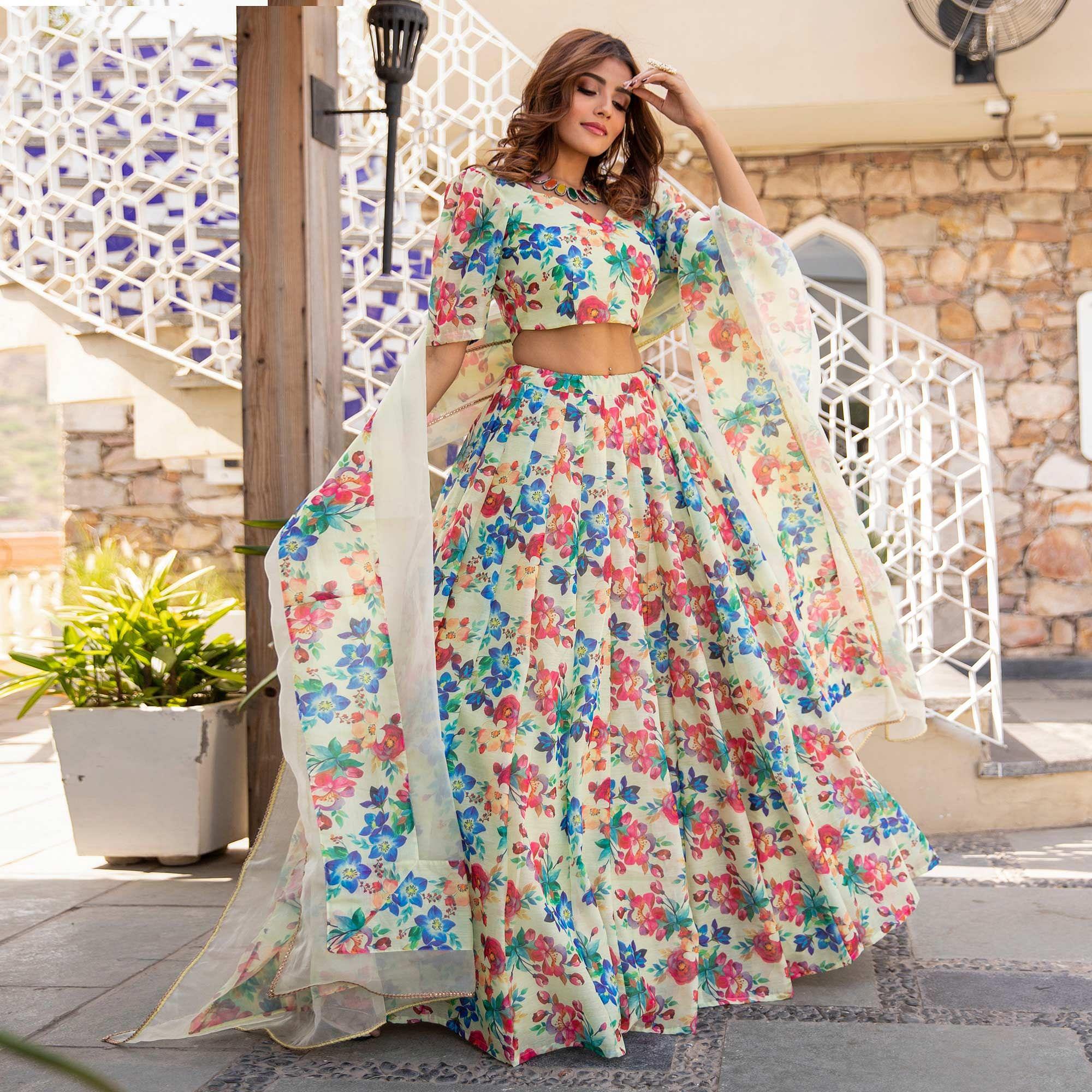 Multicolored Wedding Wear Designer Floral Prined Chanderi Designer