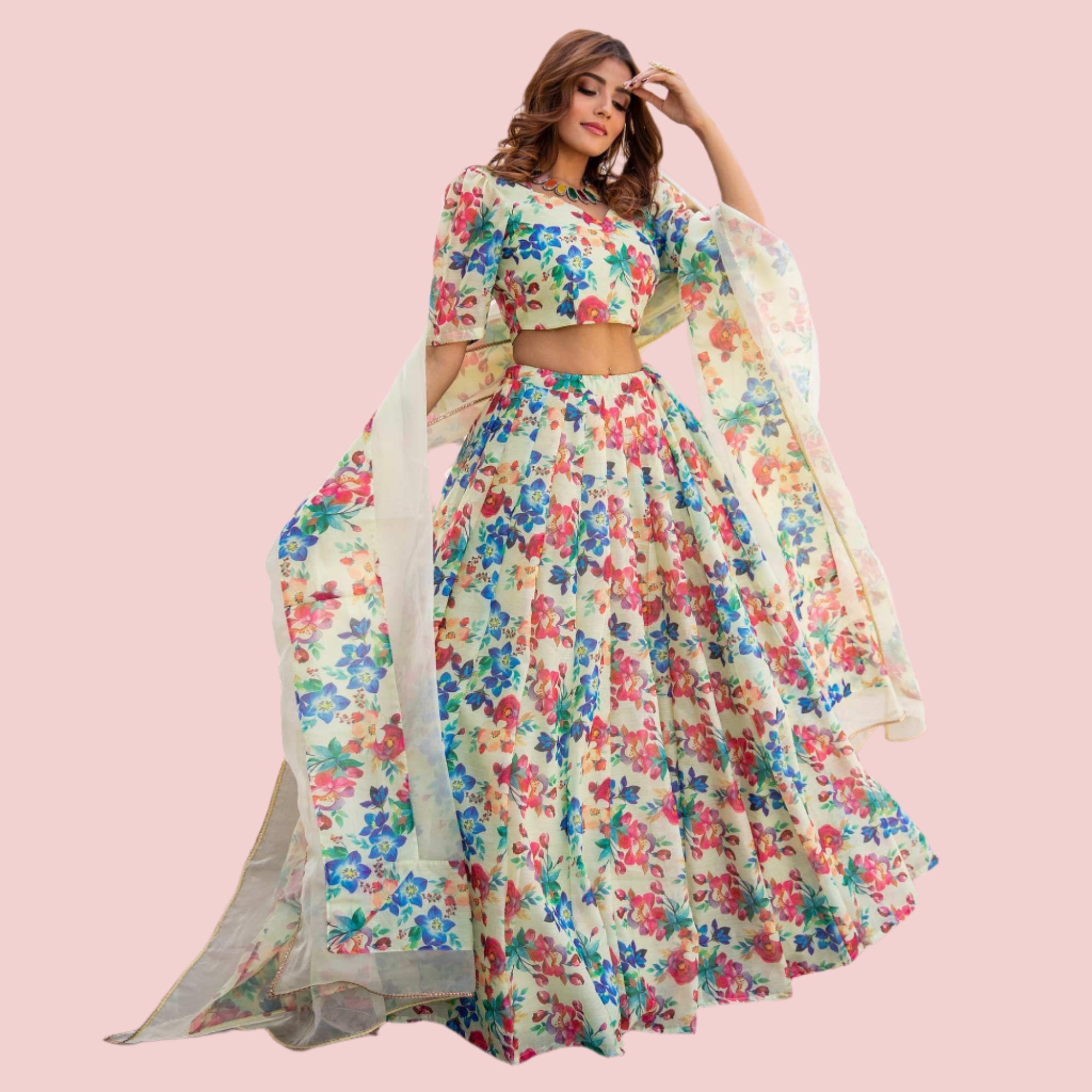 Multicolored Wedding Wear Designer Floral Prined Chanderi Designer Lehenga Choli - Peachmode