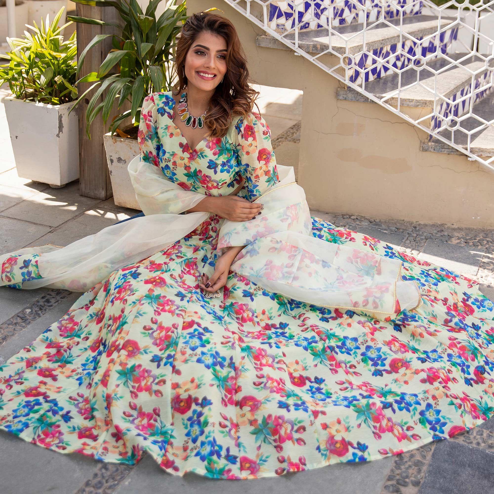 Multicolored Wedding Wear Designer Floral Prined Chanderi Designer Lehenga Choli - Peachmode