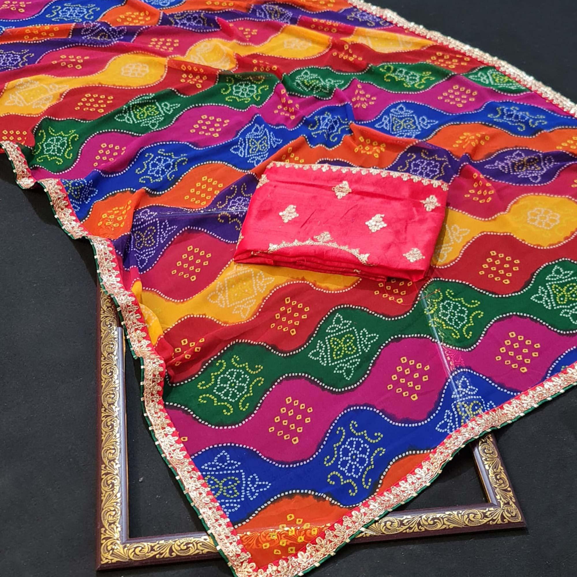 Multicolour Bandhani Printed Georgette Saree - Peachmode