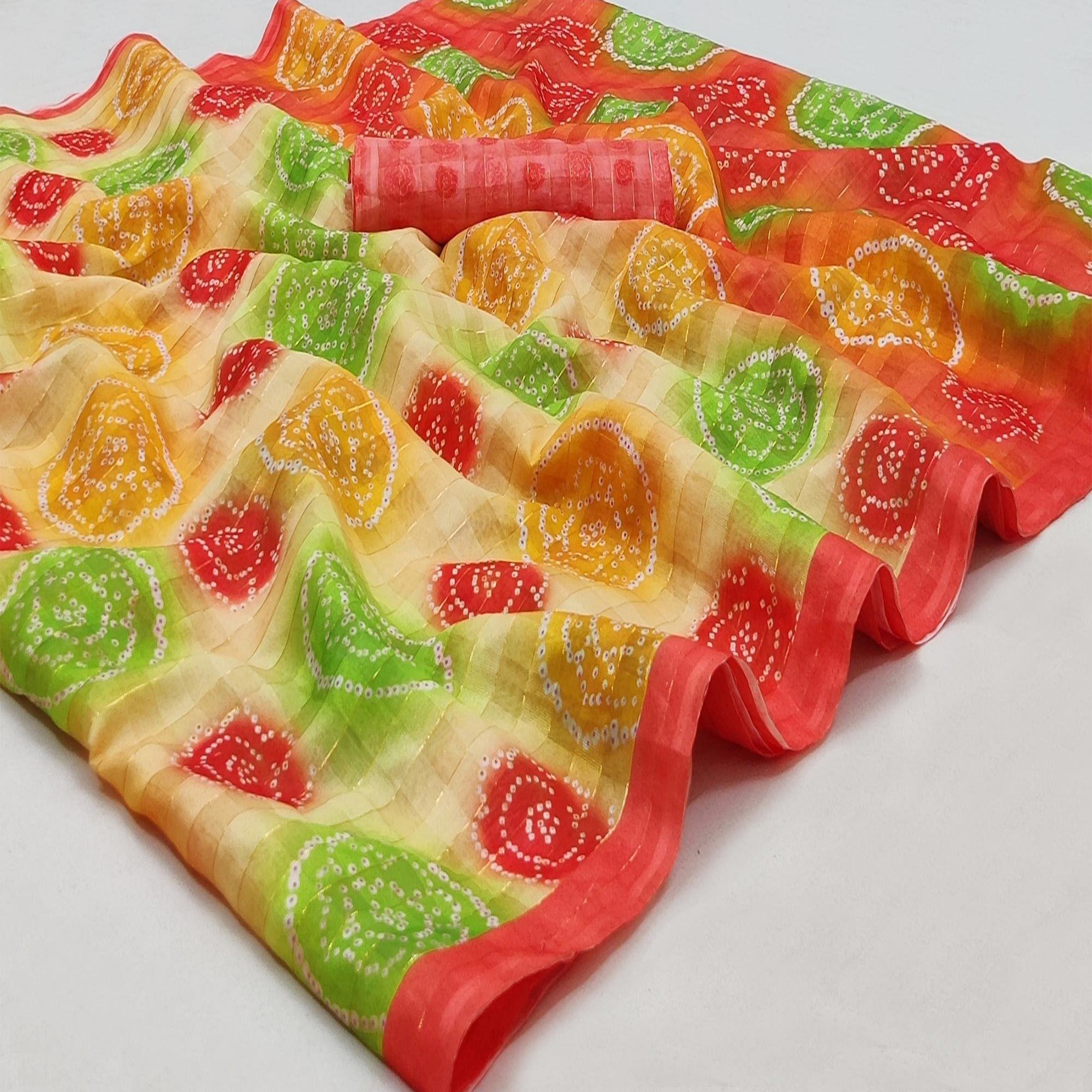 Multicolour Casual Wear Bandhani Printed Cotton Silk Saree - Peachmode