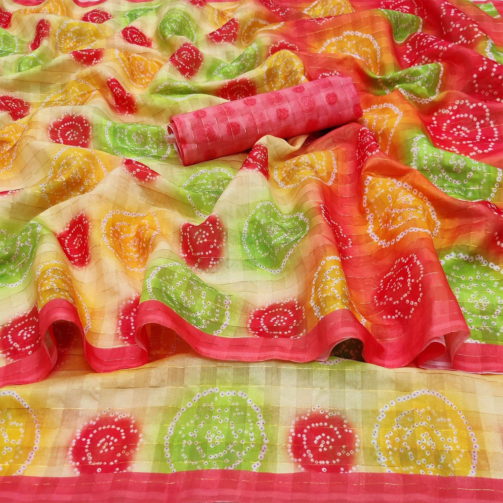 Multicolour Casual Wear Bandhani Printed Cotton Silk Saree - Peachmode
