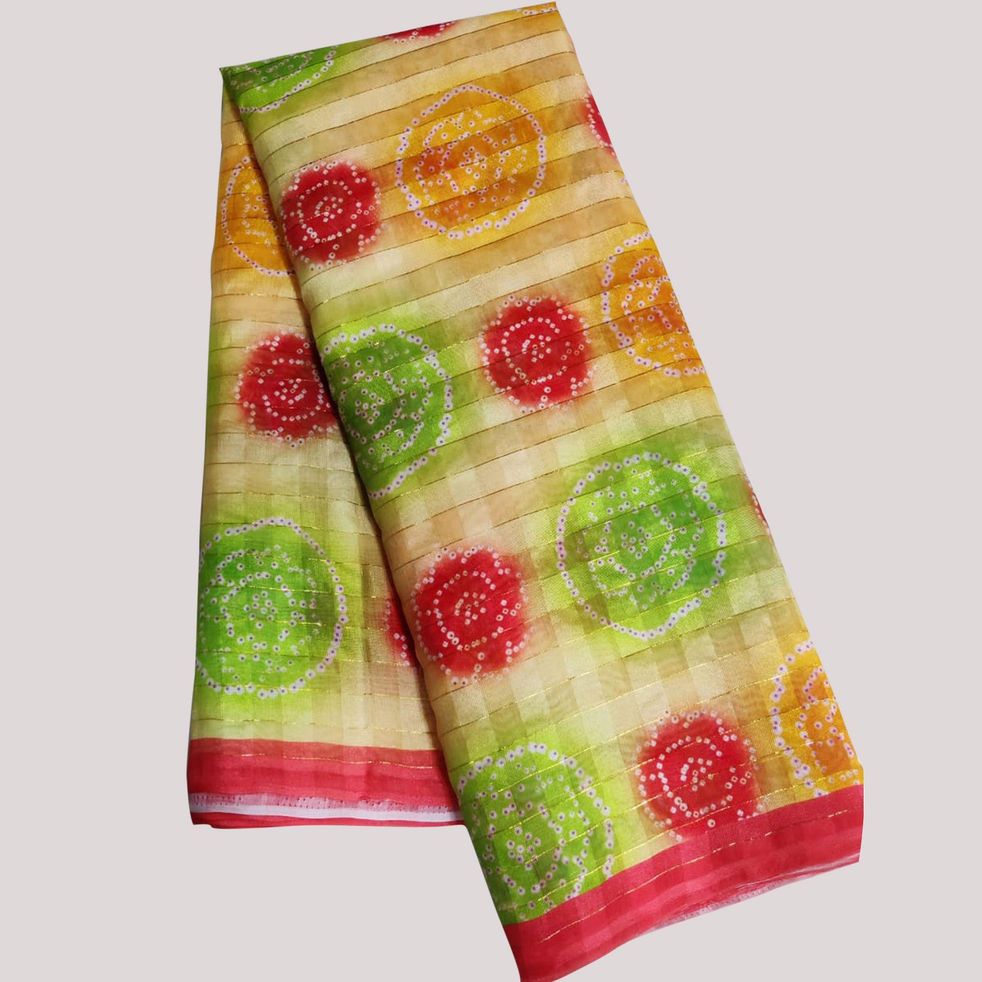 Multicolour Casual Wear Bandhani Printed Cotton Silk Saree - Peachmode