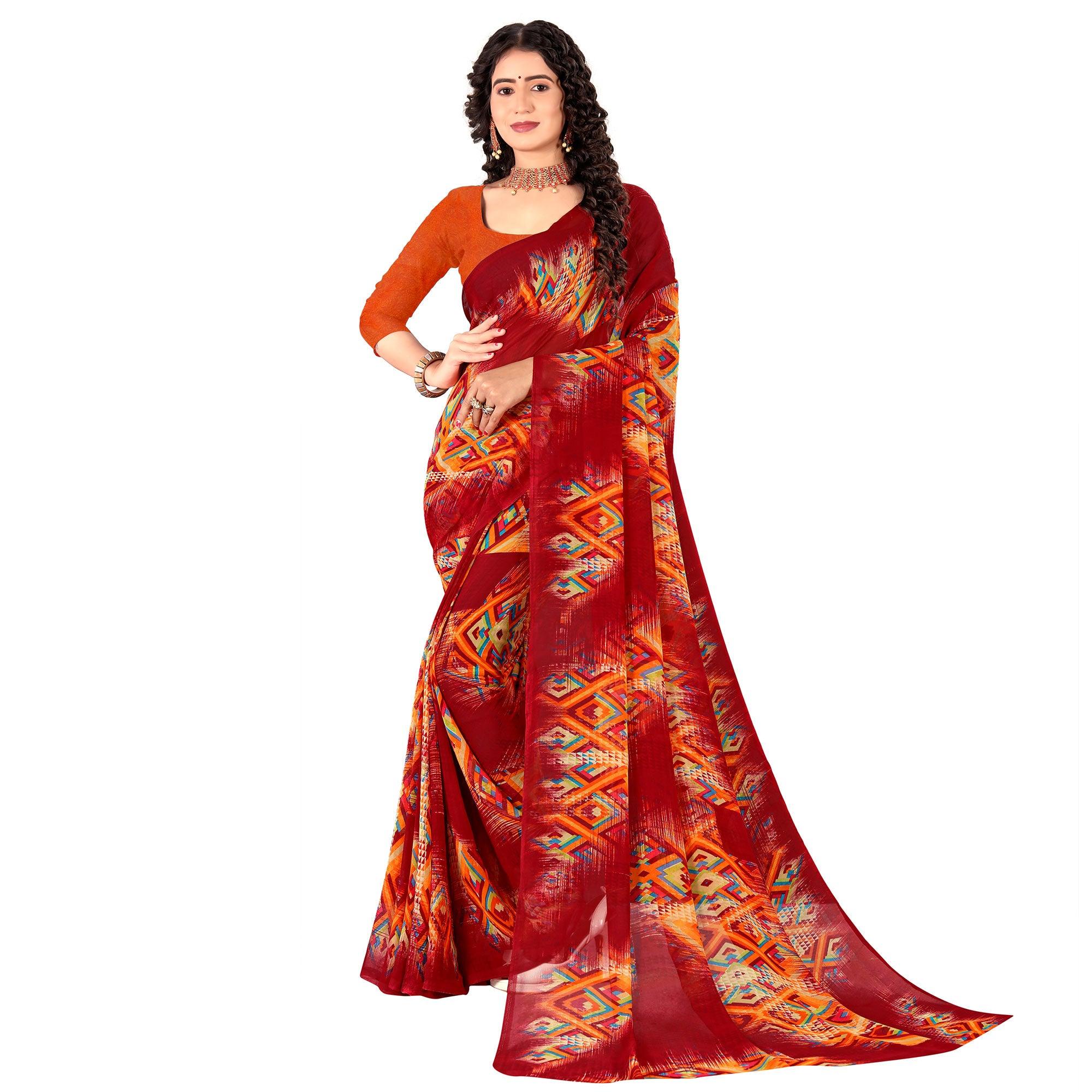 Multicolour Casual Wear Digital Printed Georgette Saree - Peachmode
