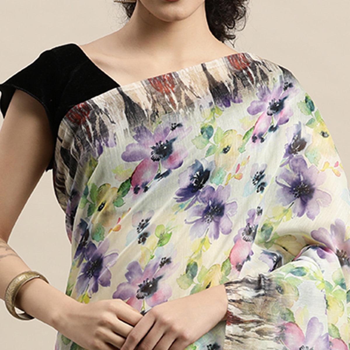 Multicolour Casual Wear Floral Printed Cotton Blend Saree With Tassels - Peachmode