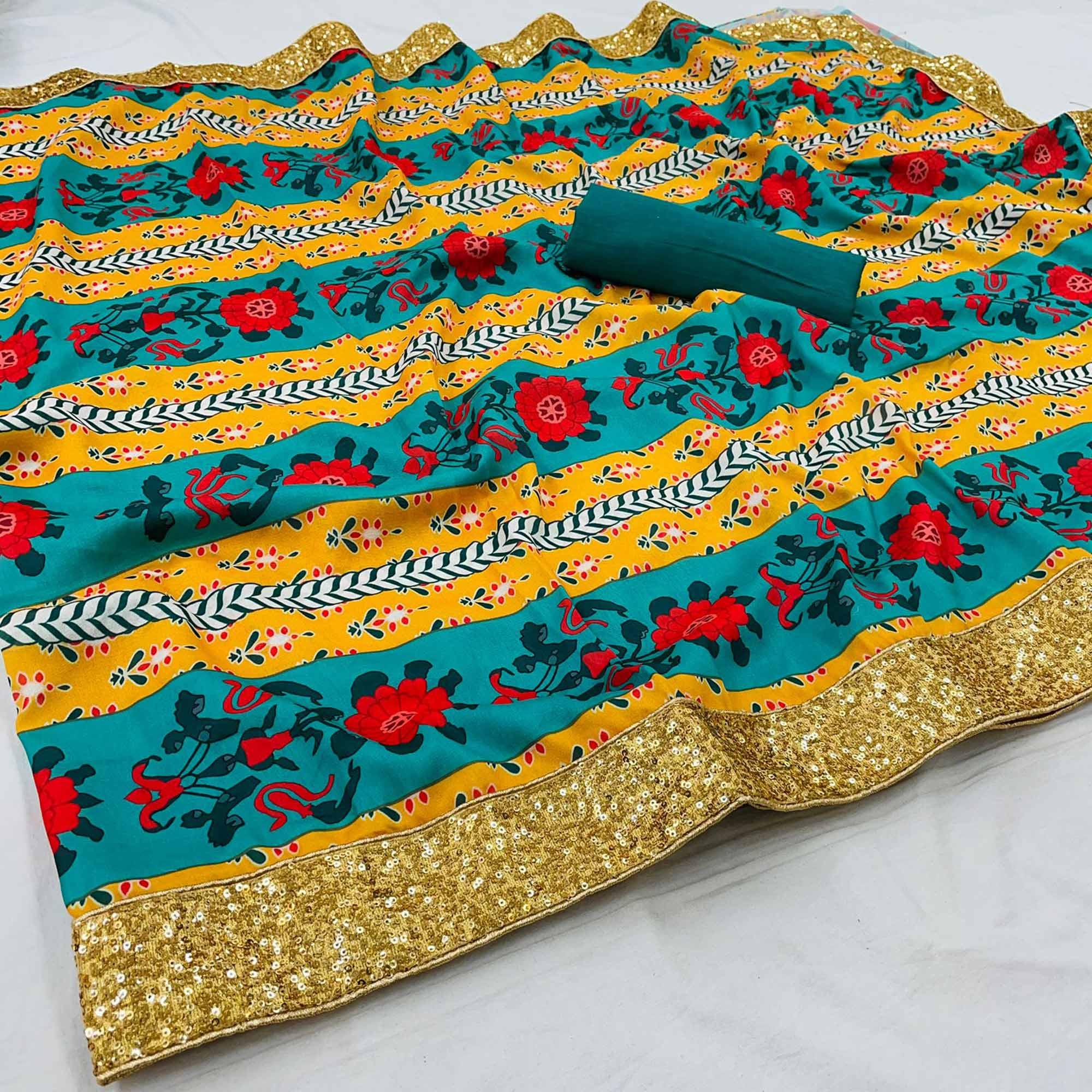 Multicolour Casual Wear Floral Printed Silk Saree - Peachmode