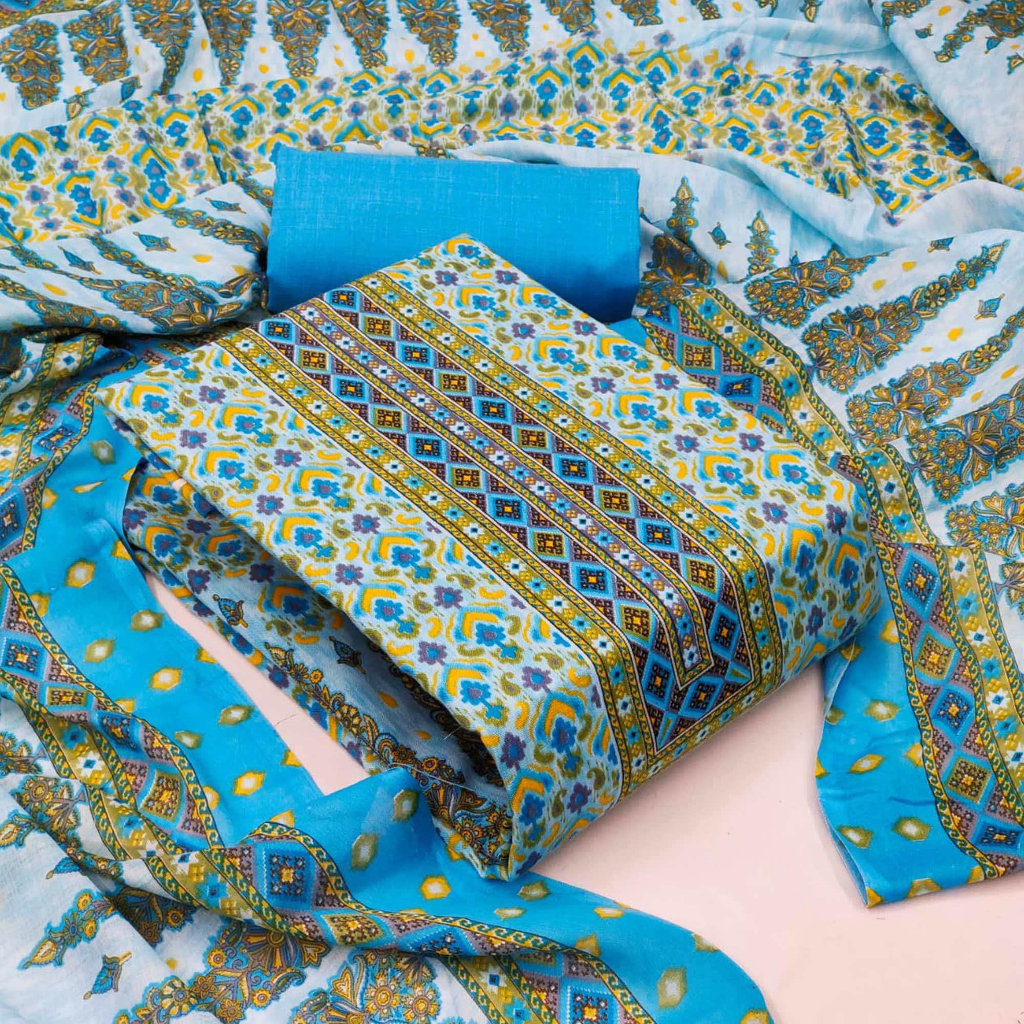 Multicolour Casual Wear Printed Cotton Dress Material - Peachmode