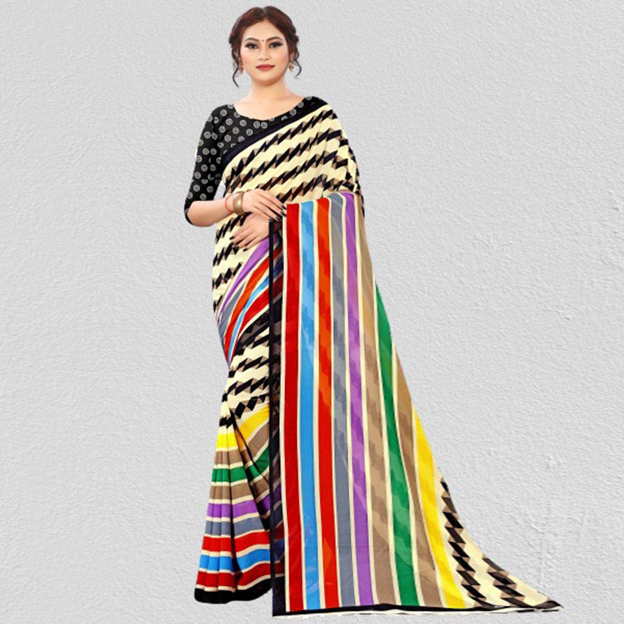 Multicolour Casual Wear Printed Georgette Saree - Peachmode