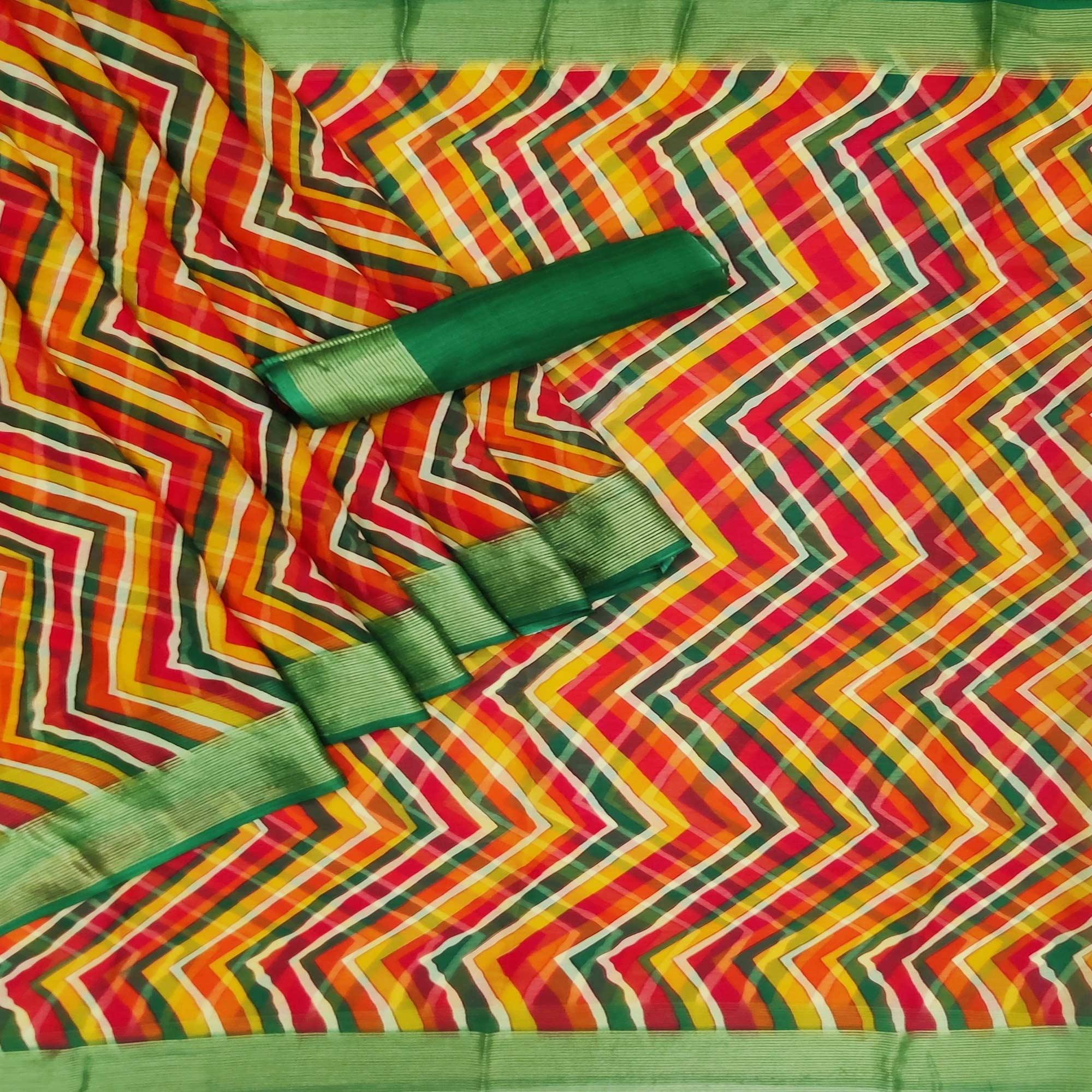 Multicolour Casual Wear Stripe Printed Chiffon Saree - Peachmode