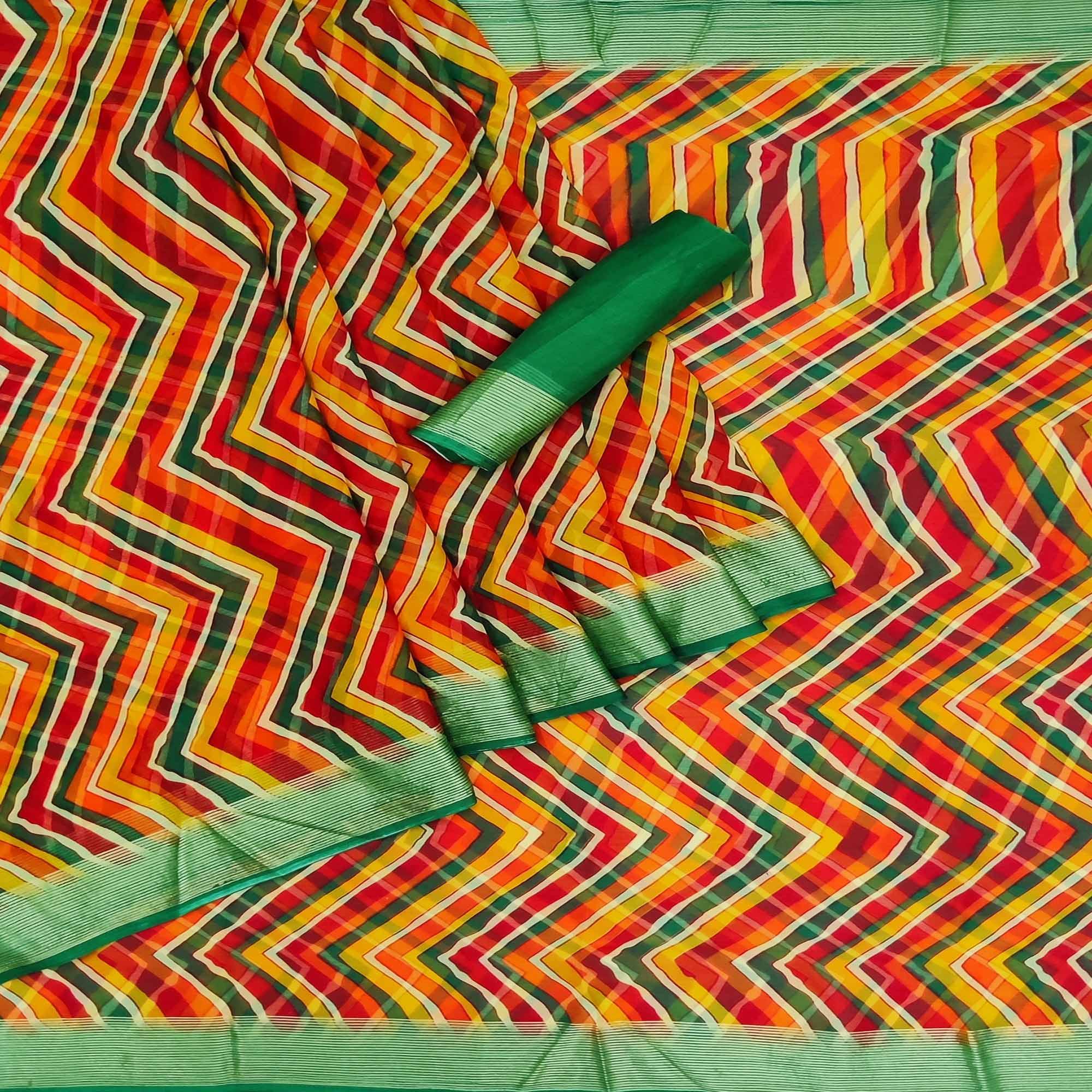 Multicolour Casual Wear Stripe Printed Chiffon Saree - Peachmode