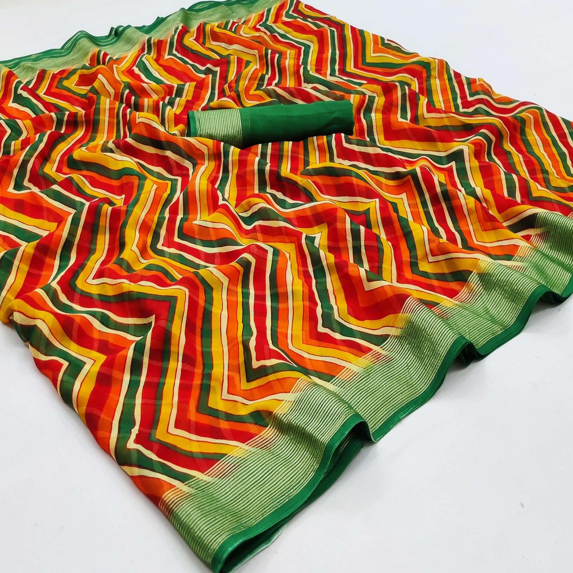 Multicolour Casual Wear Stripe Printed Chiffon Saree - Peachmode