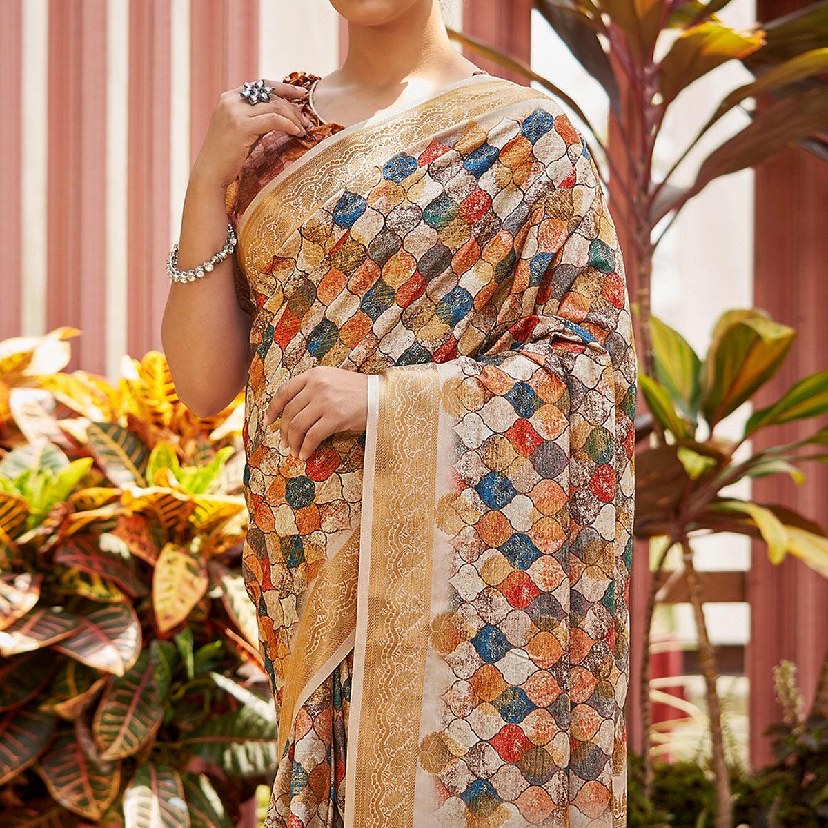 Multicolour Digital Printed Art Silk Saree - Peachmode