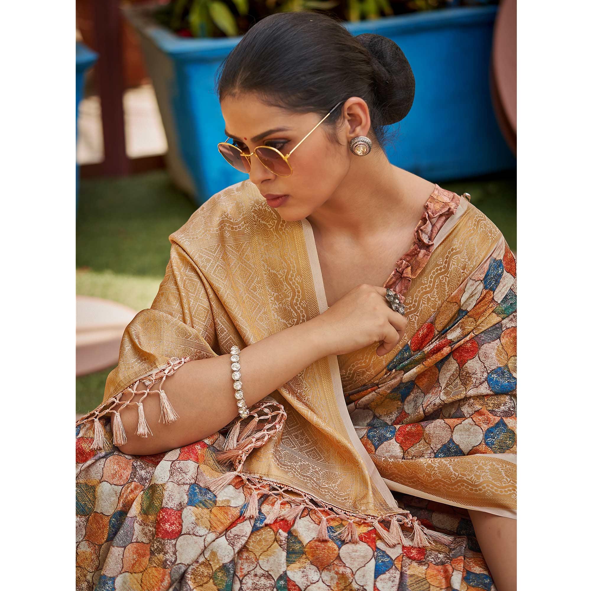 Multicolour Digital Printed Art Silk Saree - Peachmode