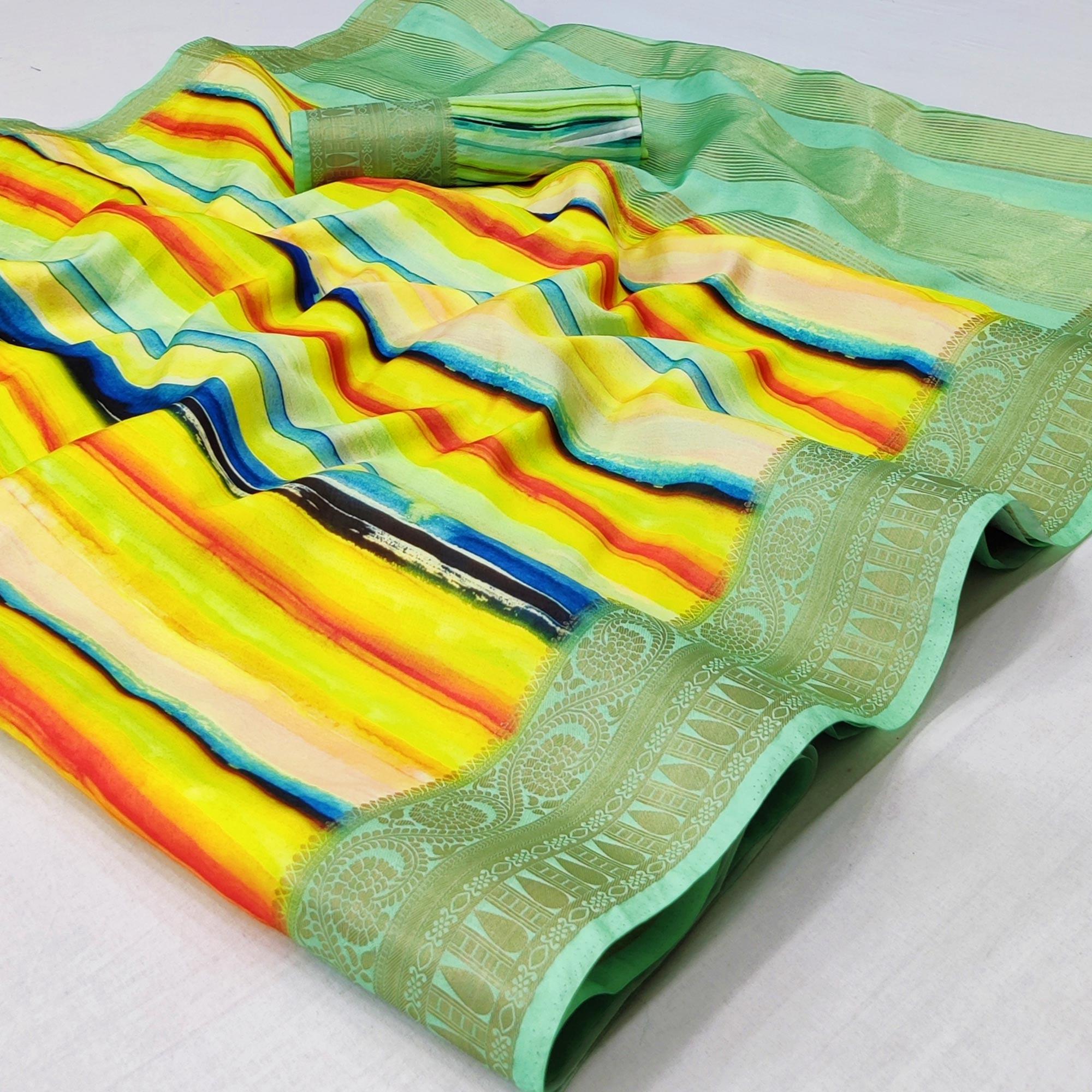 Multicolour Digital Printed Dola Silk Saree - Peachmode