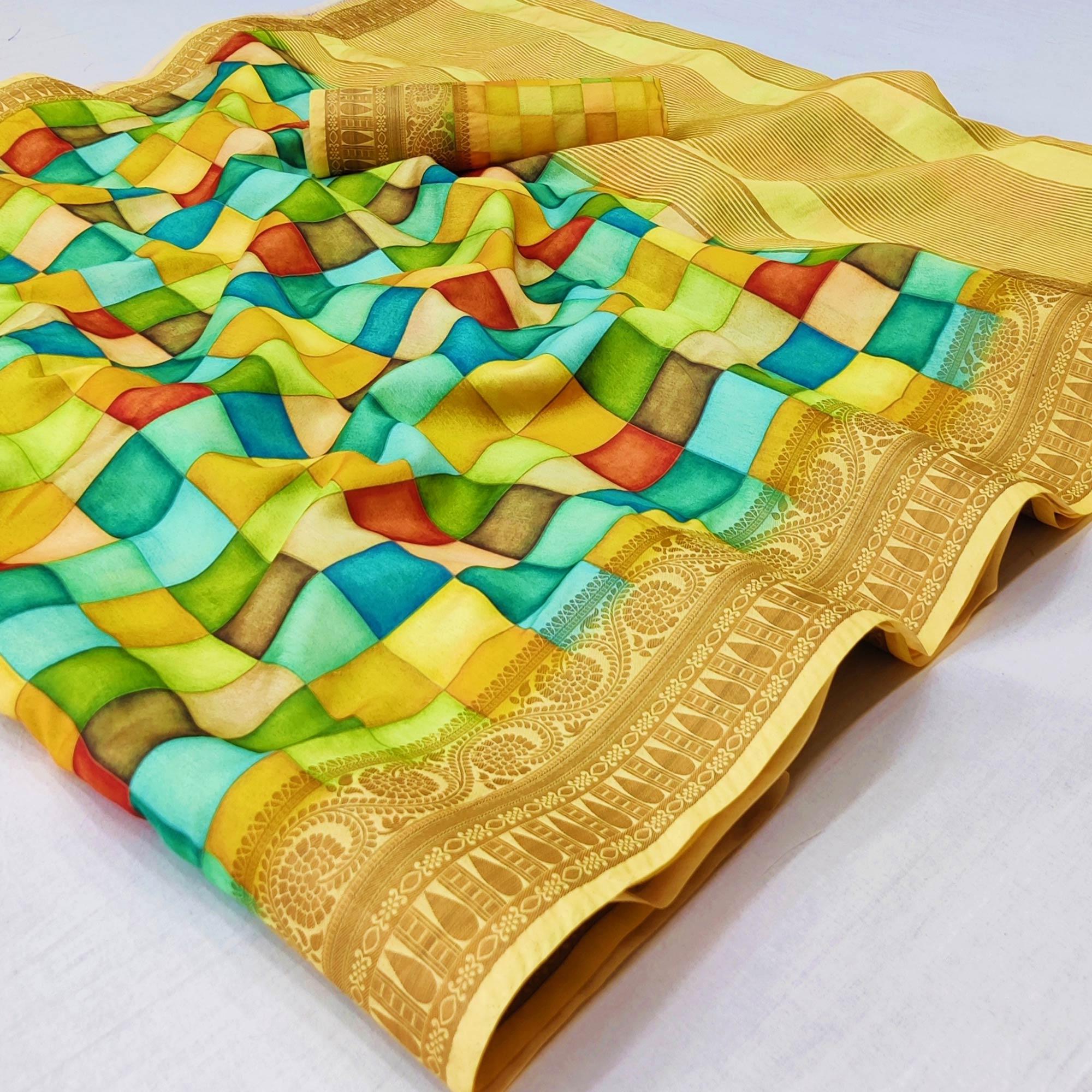 Multicolour Digital Printed Dola Silk Saree - Peachmode