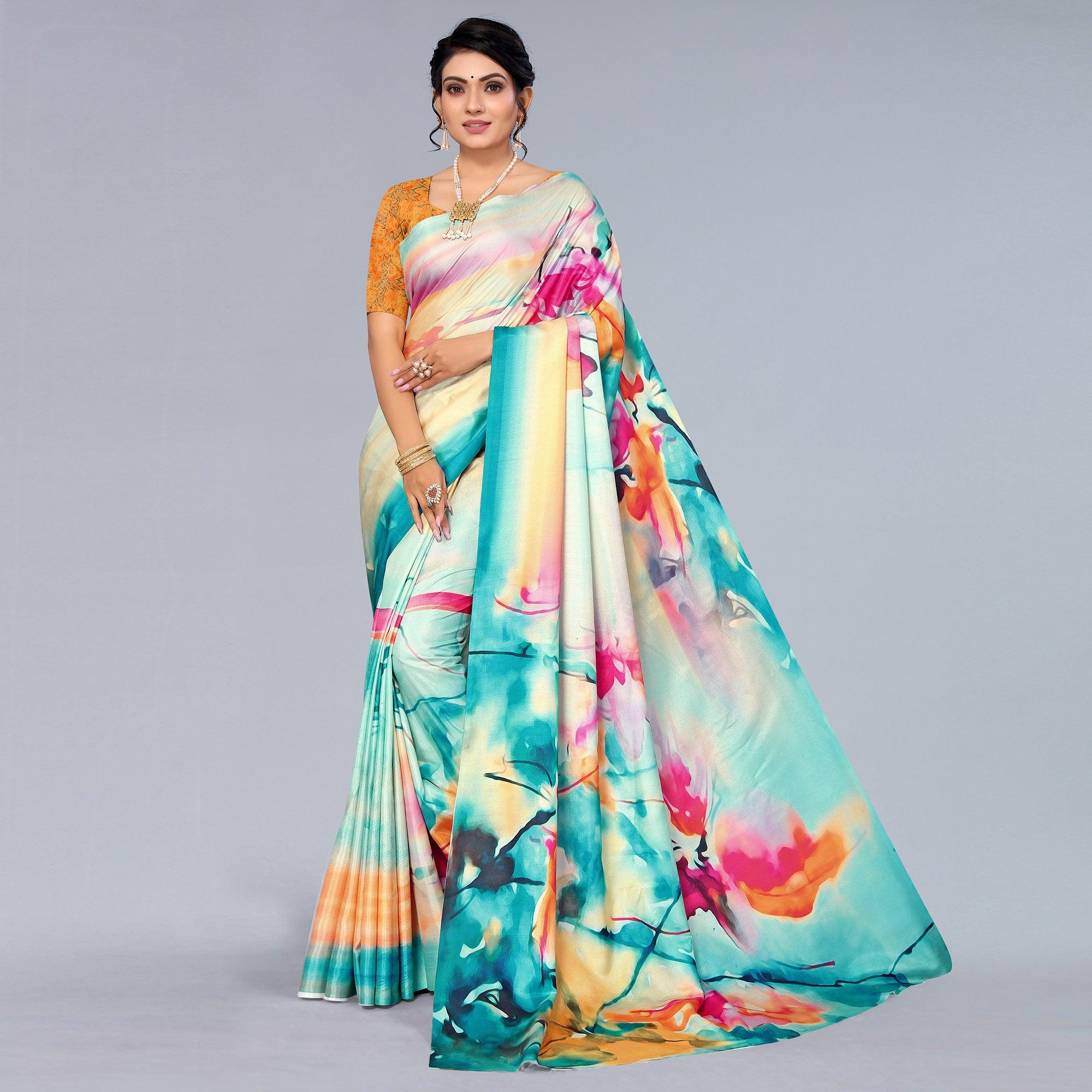 Multicolour Digital Printed Dola Silk Saree - Peachmode