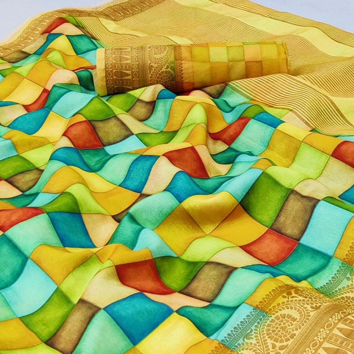 Multicolour Digital Printed Dola Silk Saree - Peachmode