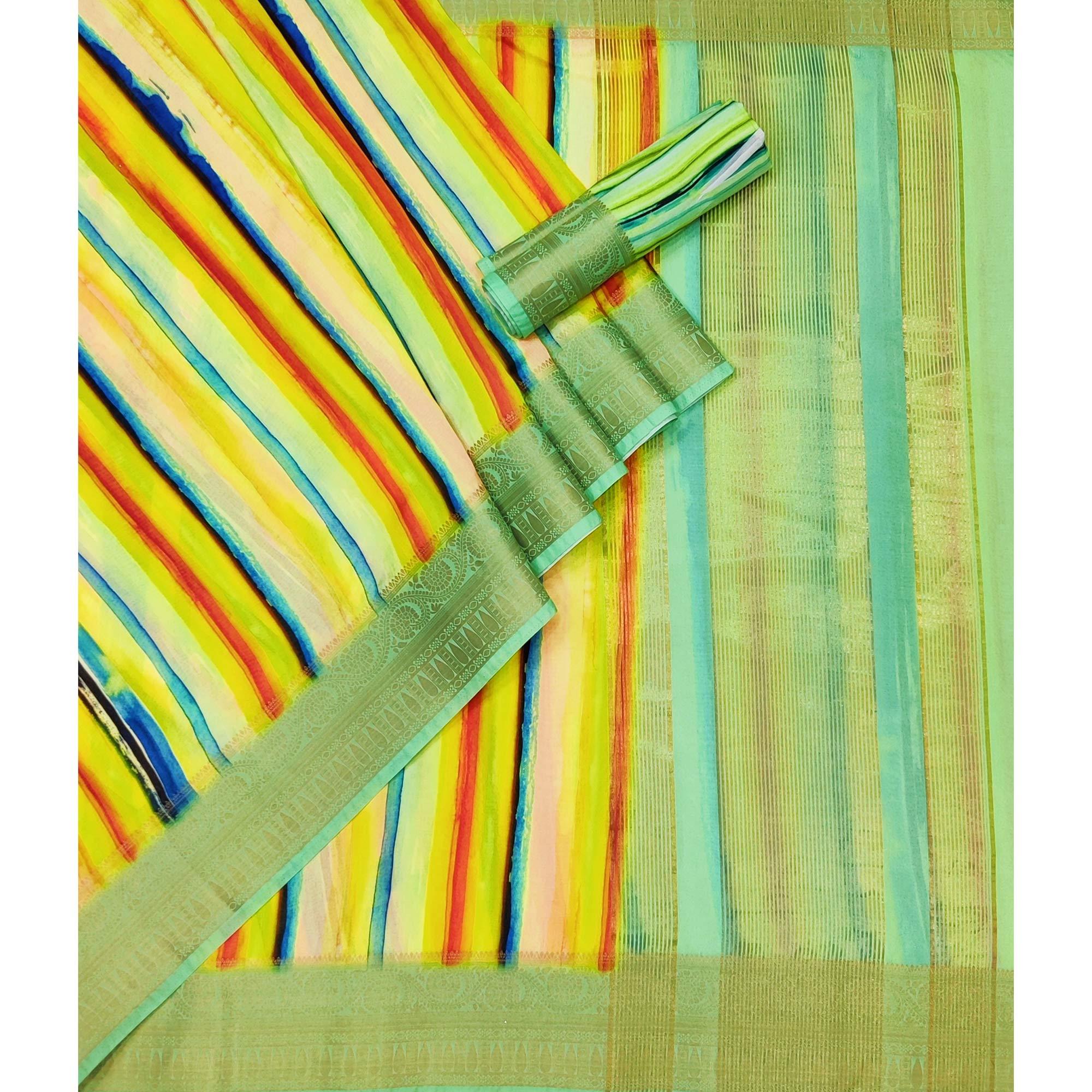 Multicolour Digital Printed Dola Silk Saree - Peachmode