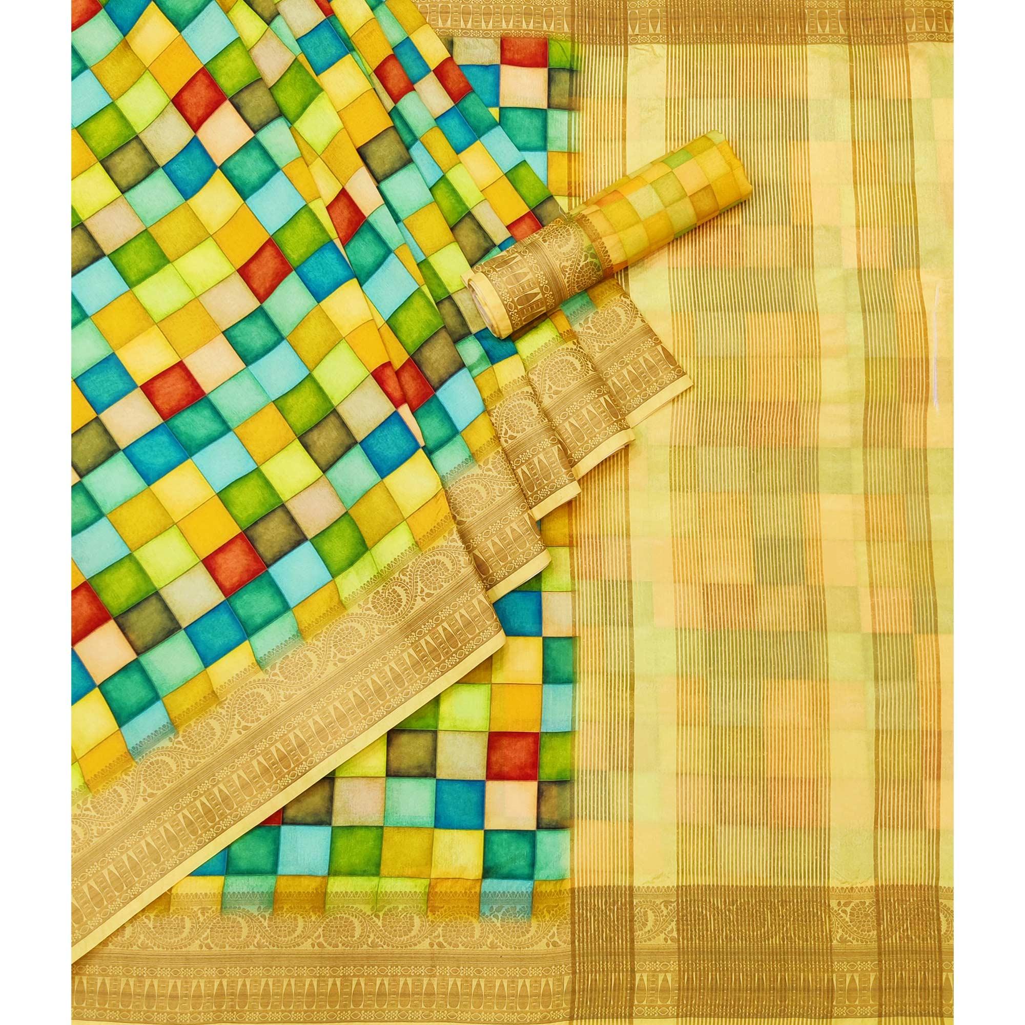 Multicolour Digital Printed Dola Silk Saree - Peachmode