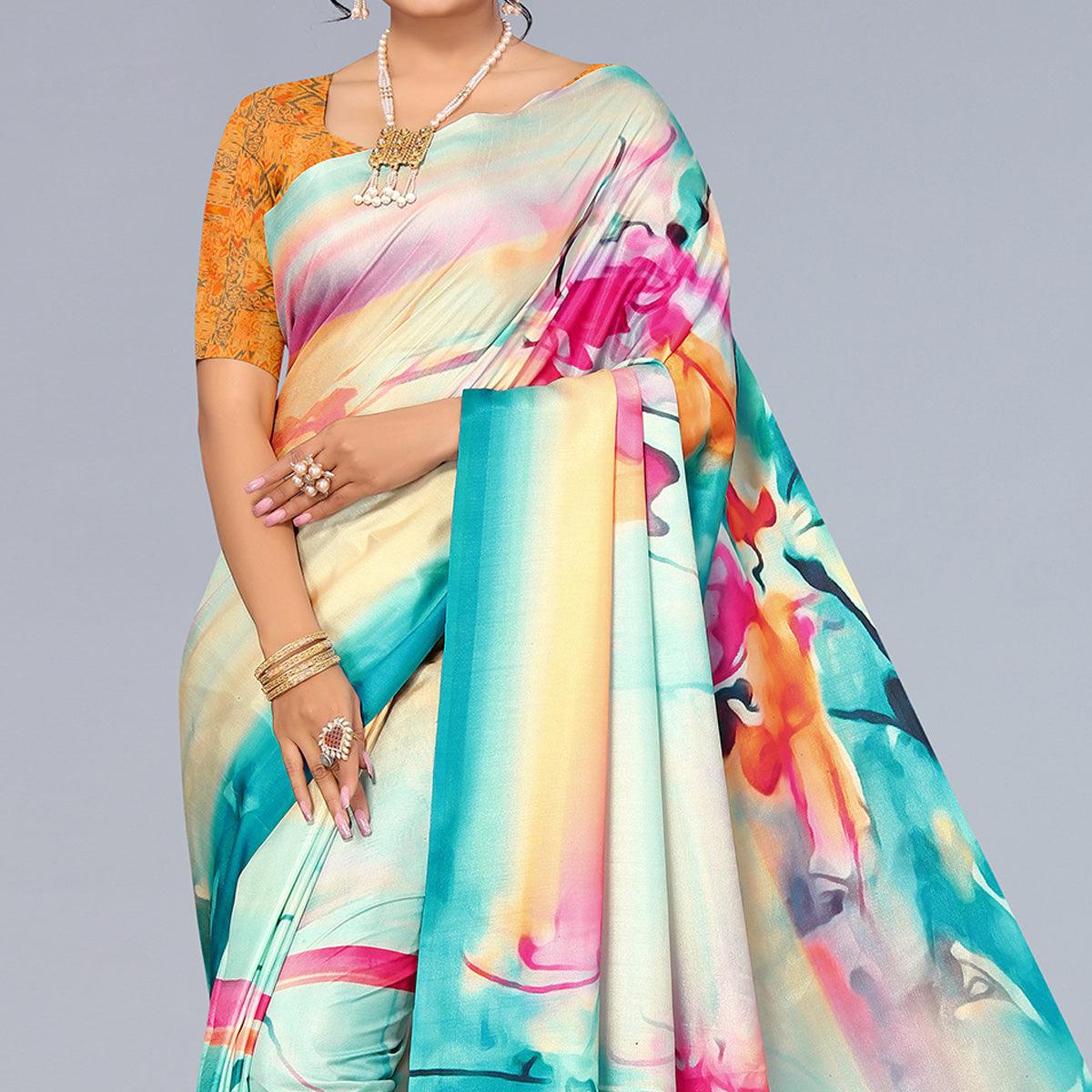 Multicolour Digital Printed Dola Silk Saree - Peachmode