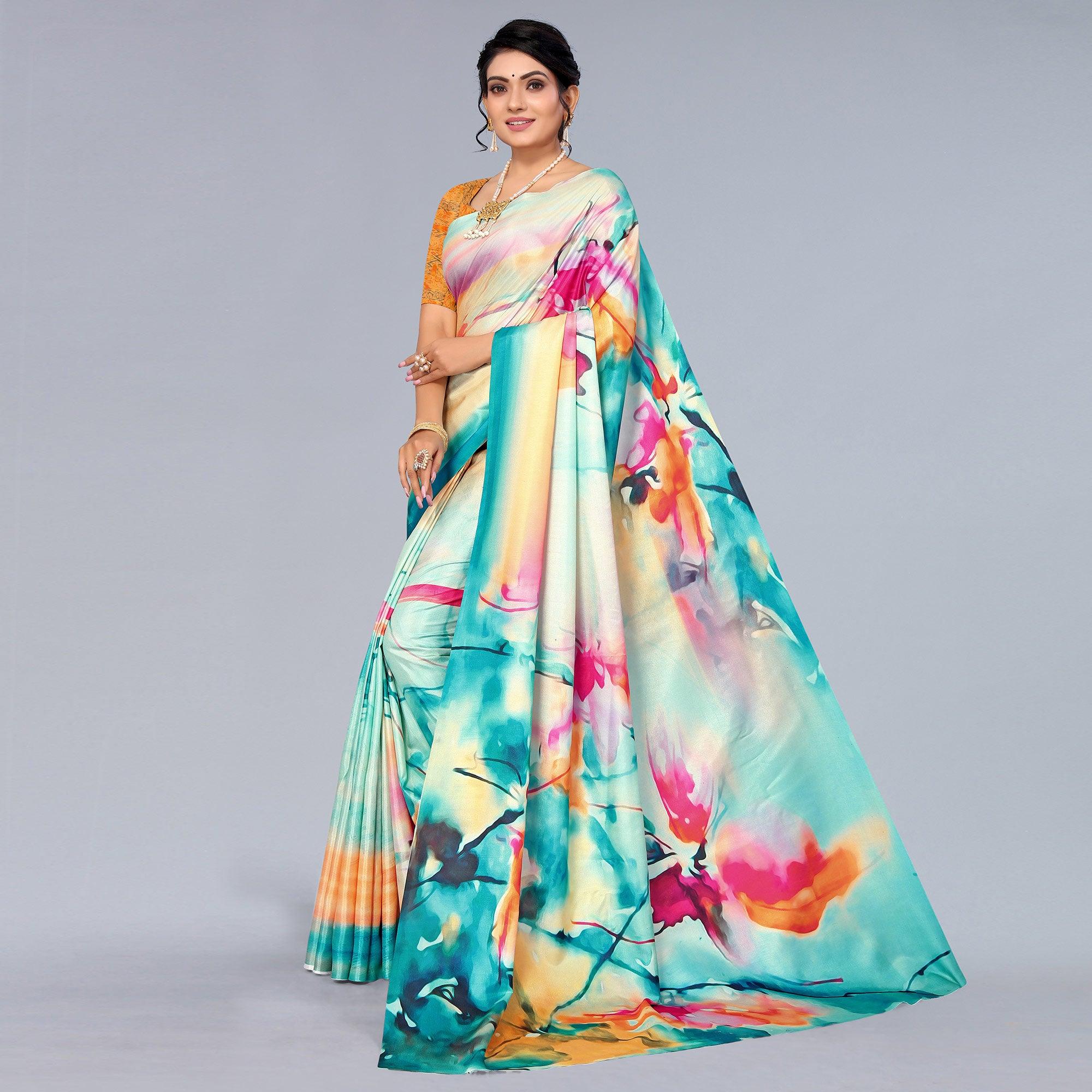 Multicolour Digital Printed Dola Silk Saree - Peachmode