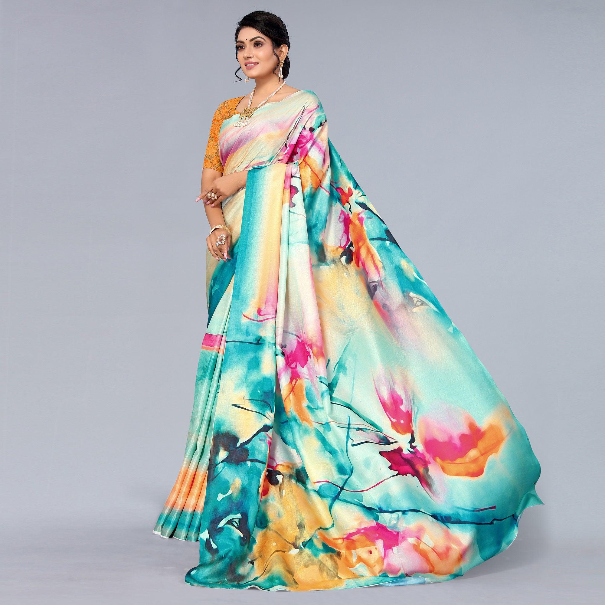 Multicolour Digital Printed Dola Silk Saree - Peachmode