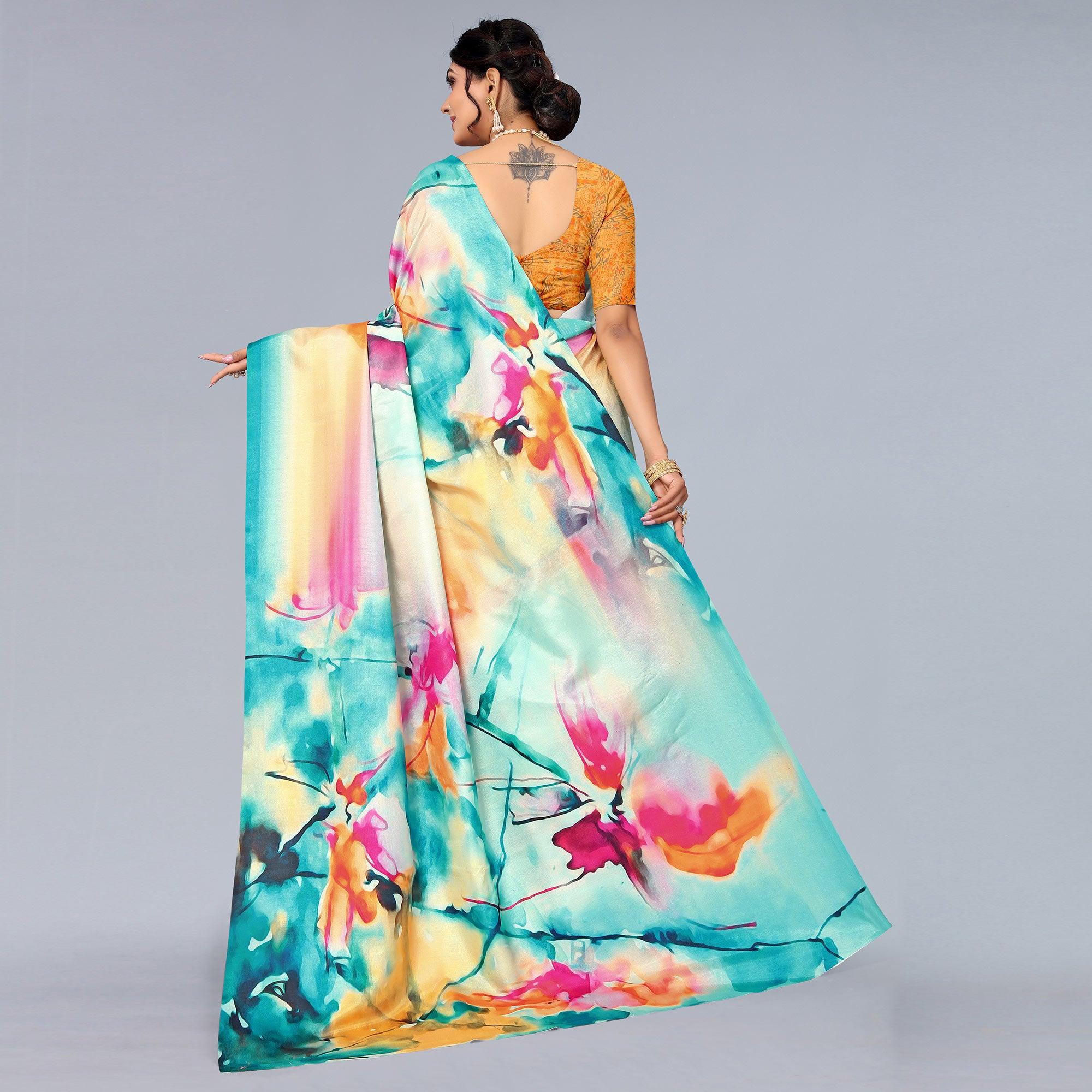 Multicolour Digital Printed Dola Silk Saree - Peachmode