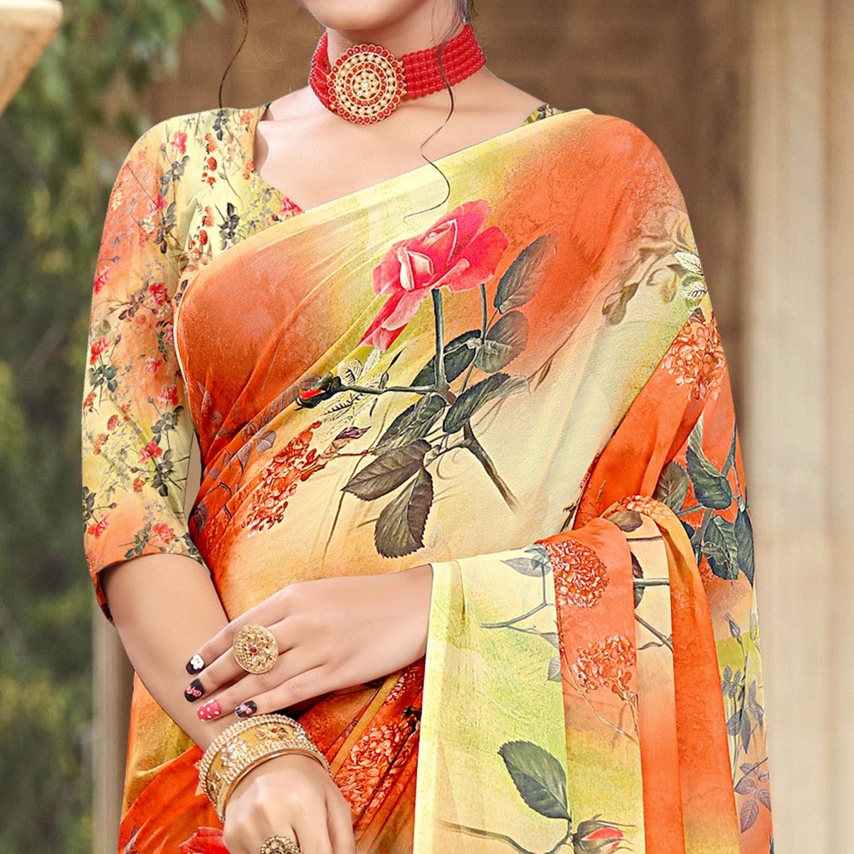 Multicolour Digital Printed Georgette Saree - Peachmode