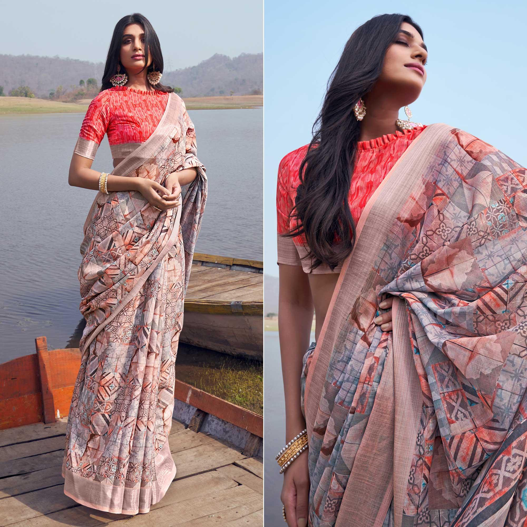 Multicolour Digital Printed Linen Saree - Peachmode