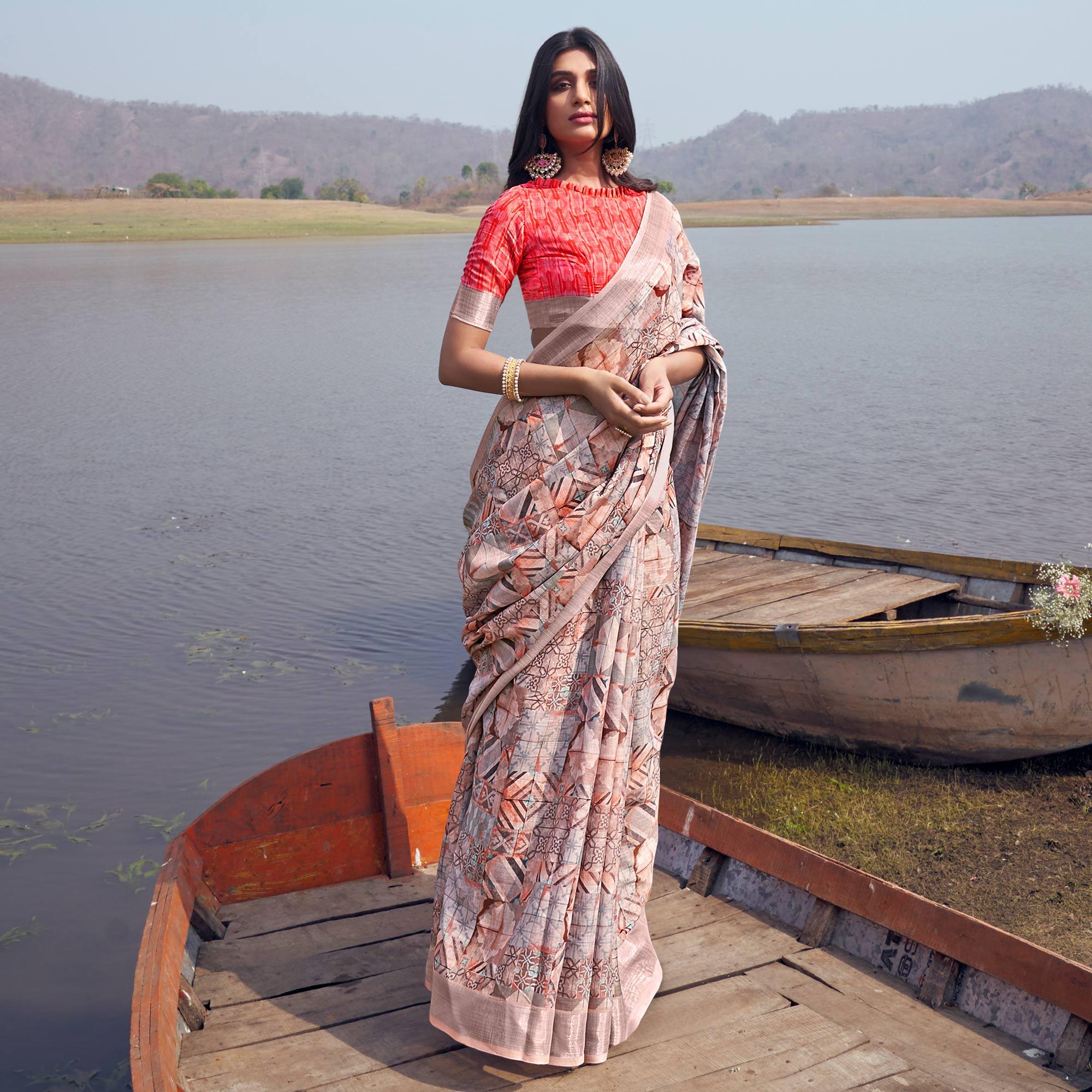 Multicolour Digital Printed Linen Saree - Peachmode